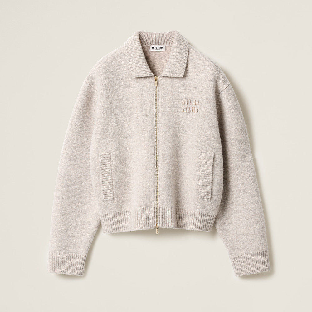 MiuMiu Sand Beige Shetland Wool And Cashmere Zipper Cardigan #333543