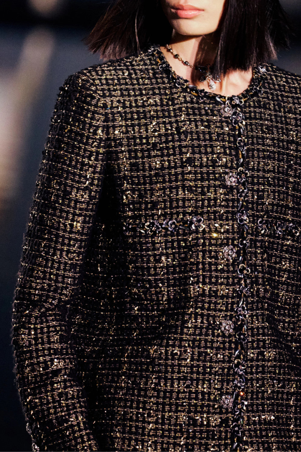 Chanel Women's Spring/autumn Vintage Suit Black And Gold Rhinestone Floral Embroidery Blend Belt Long Sleeve Jacket Pleated Halter Dress Vacation Set Ngvp #2243