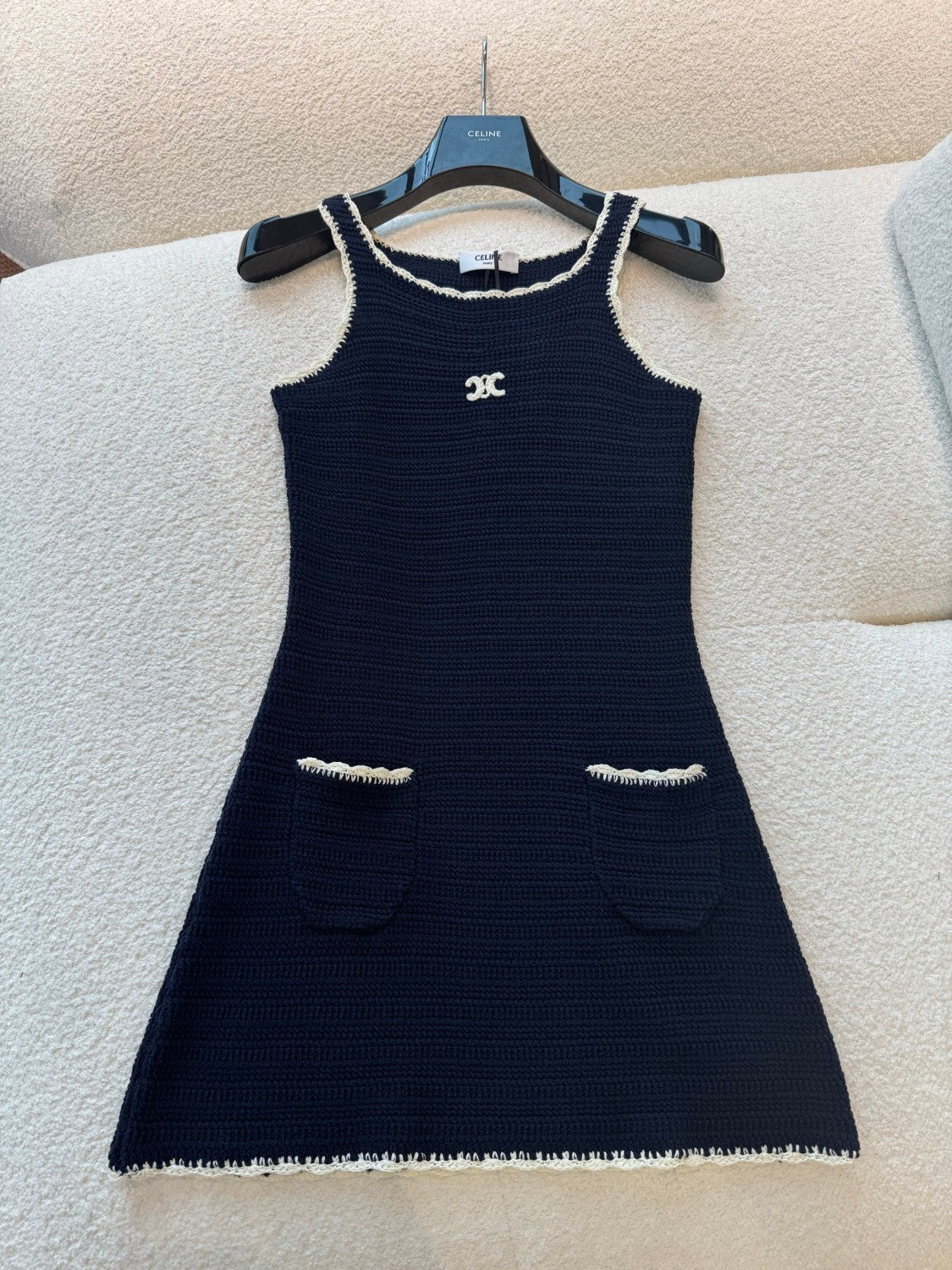 Celine Women's Summer Fashion Casual Solid Color Square Neckline Patch Pocket Sleeveless Logo Handmade Crochet Mini Dress #79292