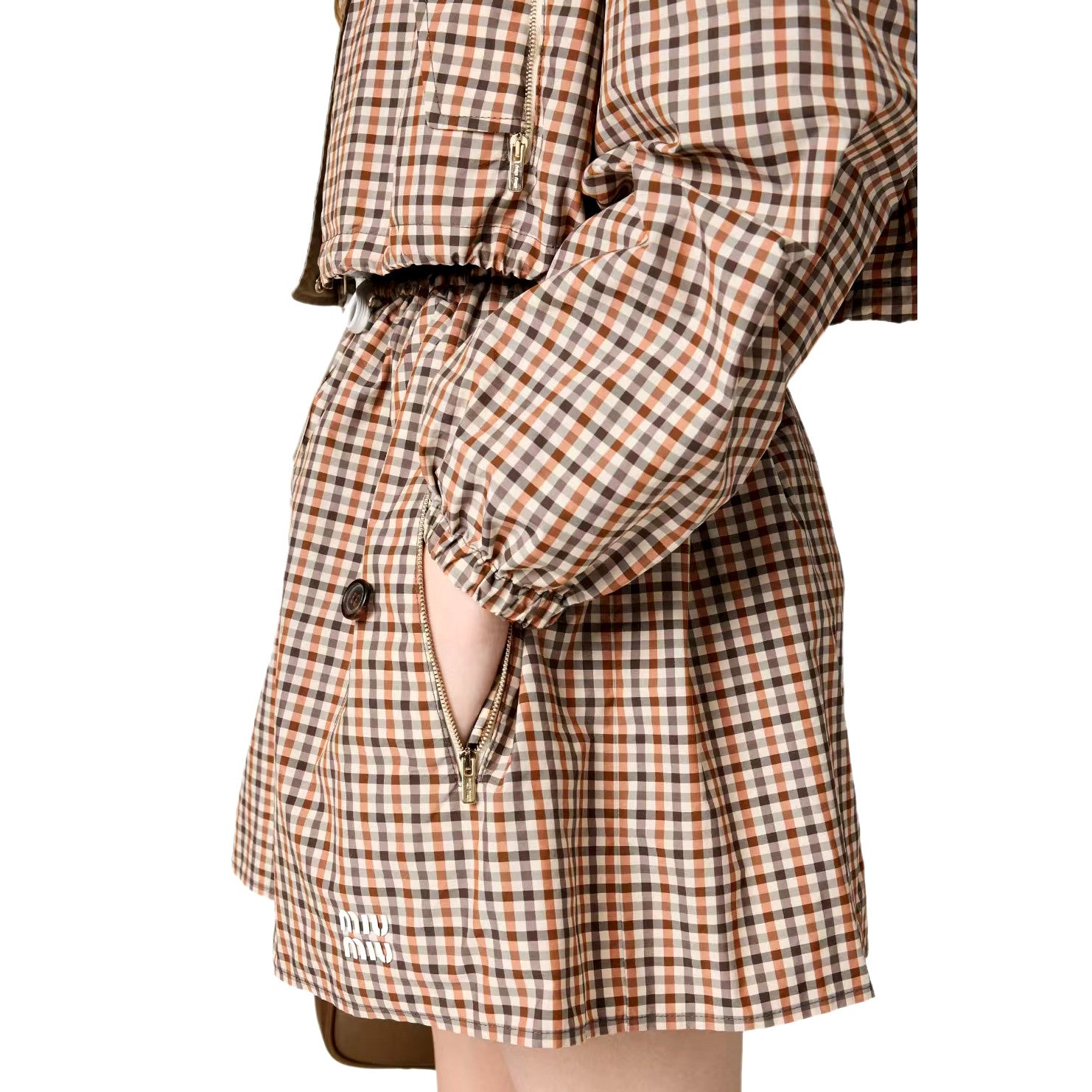 MiuMiu Women's Spring/Summer Fashion Casual Hooded Zipper Waist Elastic Checkered Jacket Waist Elastic Drawstring Checkered Casual Short Skirt Suit Set #79158