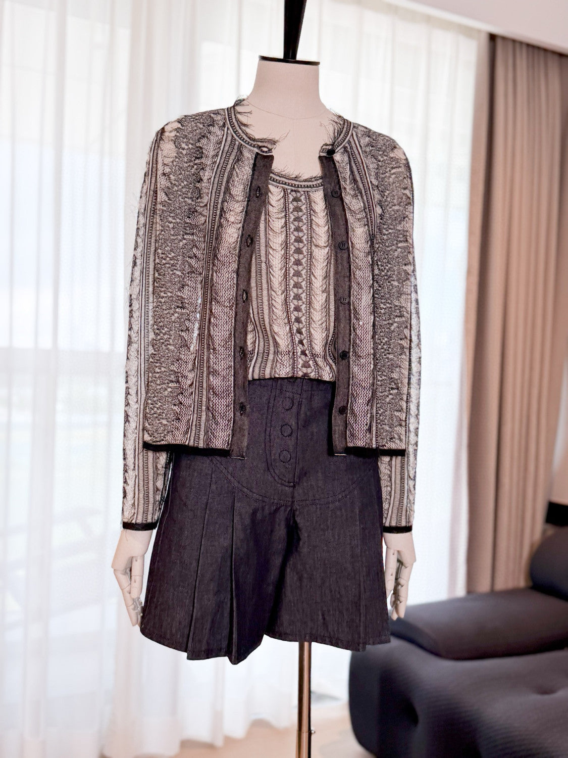 Dior Women's Spring/Summer/Fall Striped Embroidered Lace Hollow-Out Solid-Color Single-Breasted Round-Neck Knit Cardigan Ngvp #2398