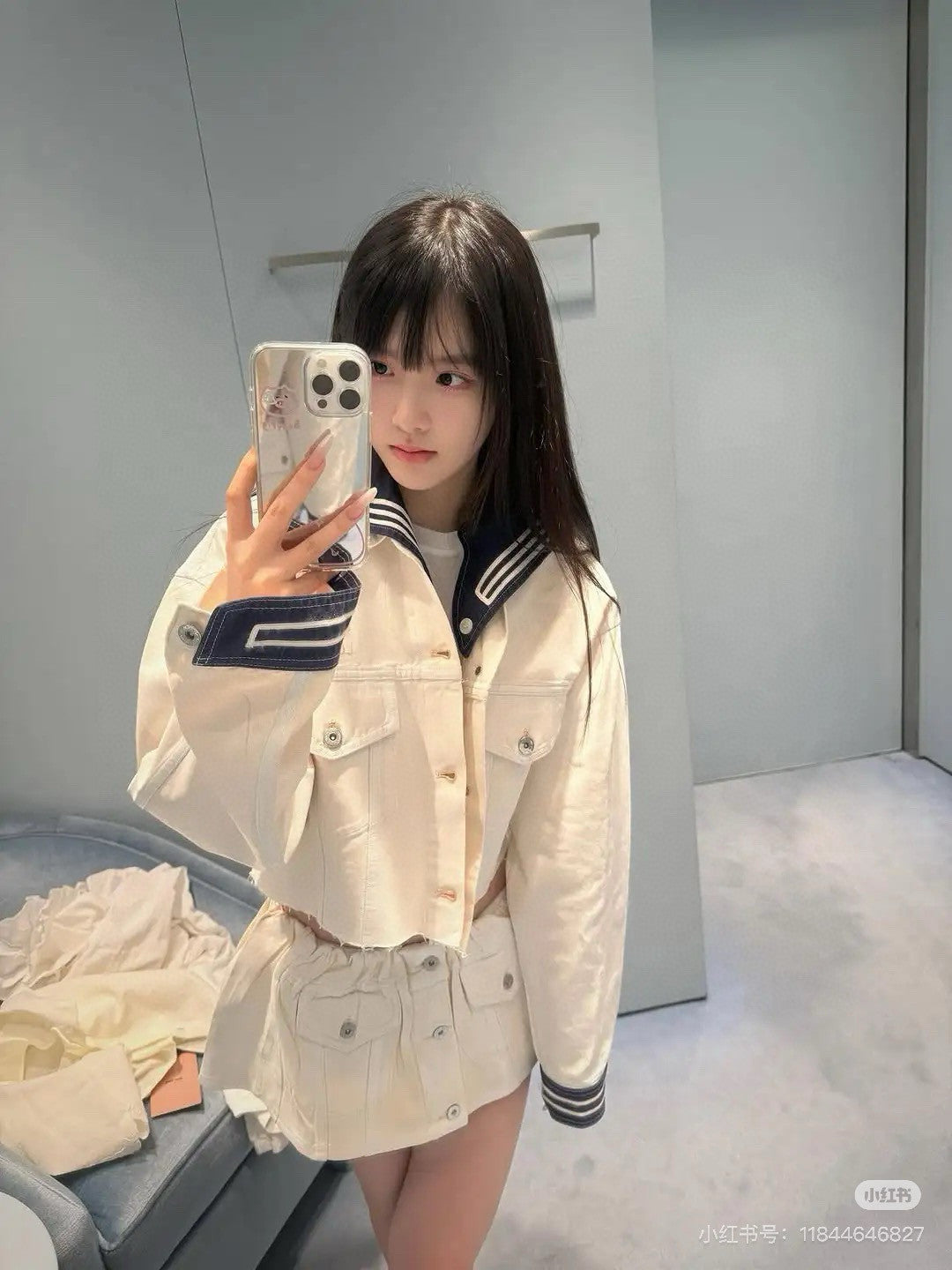 MiuMiu Women's Spring/Summer Navy Collar Single-Button Cotton Long-Sleeve Denim Jacket Solid-Color Casual Short Skirt #81546