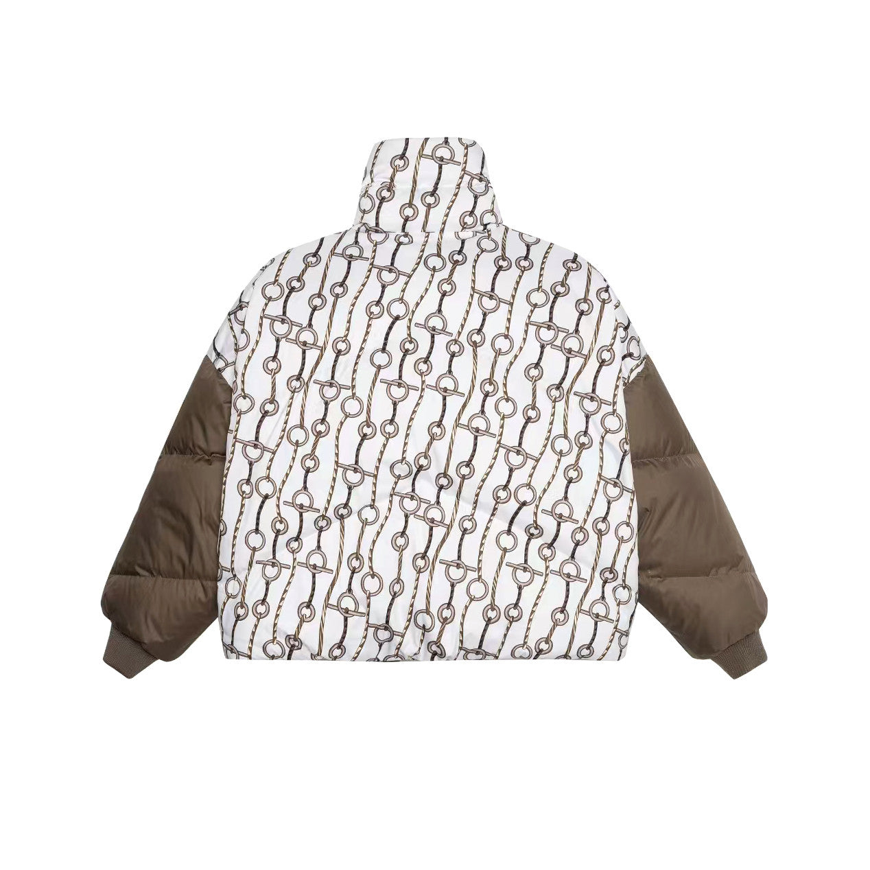 Hermes Women's Winter Fashion Casual Reversible Patterned Print Short Length High Neck Zipper White Goose Down Filled Short Jacket Down Jacket #78981