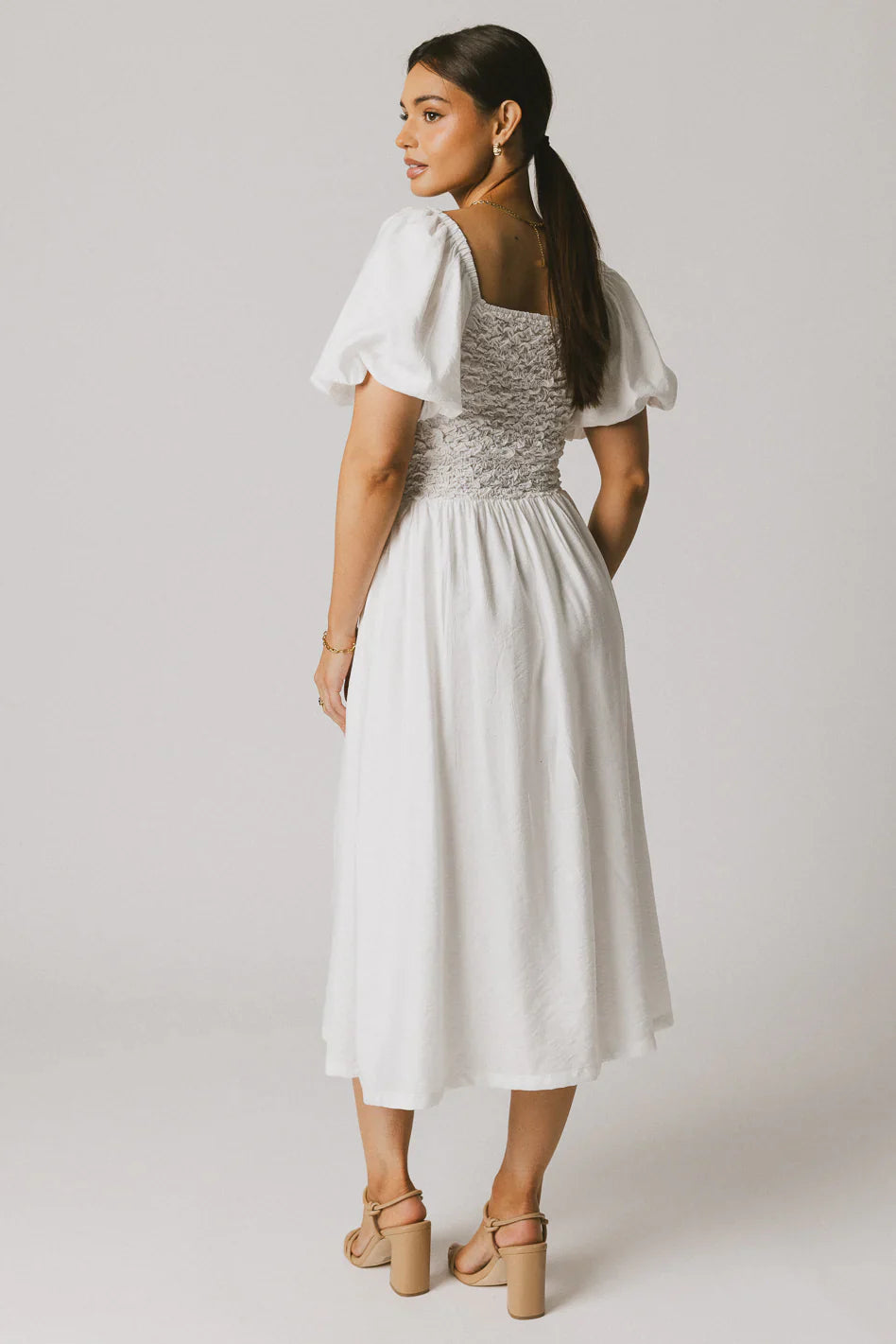 Janie Smocked Midi Dress in White