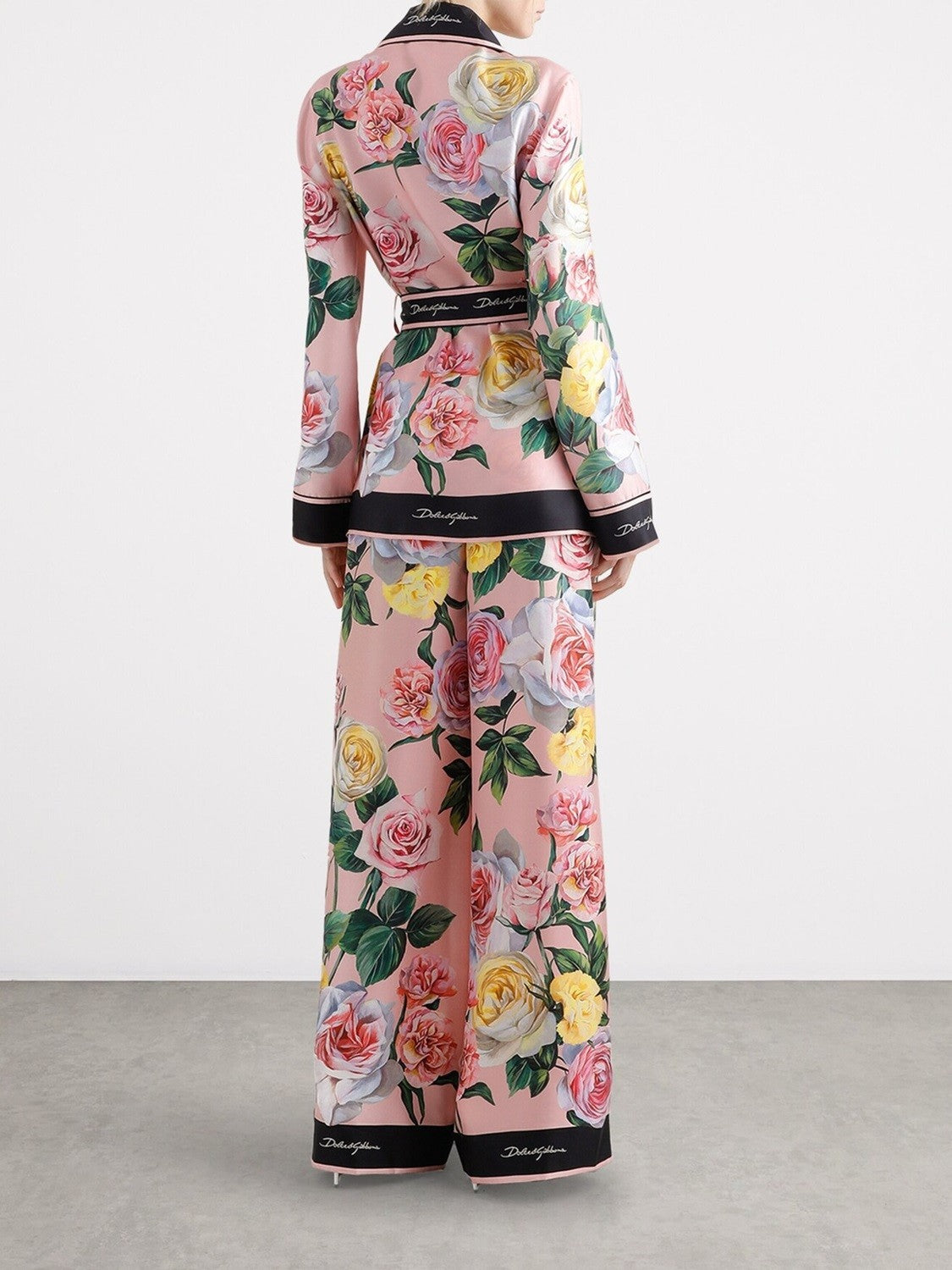 Dolce&Gabbana Women's Autumn/winter Floral Print Silk Satin Blouse  Shirt With Belted Collar Straight-leg Casual Trousers Pants Set Suit  Ngvp #2628