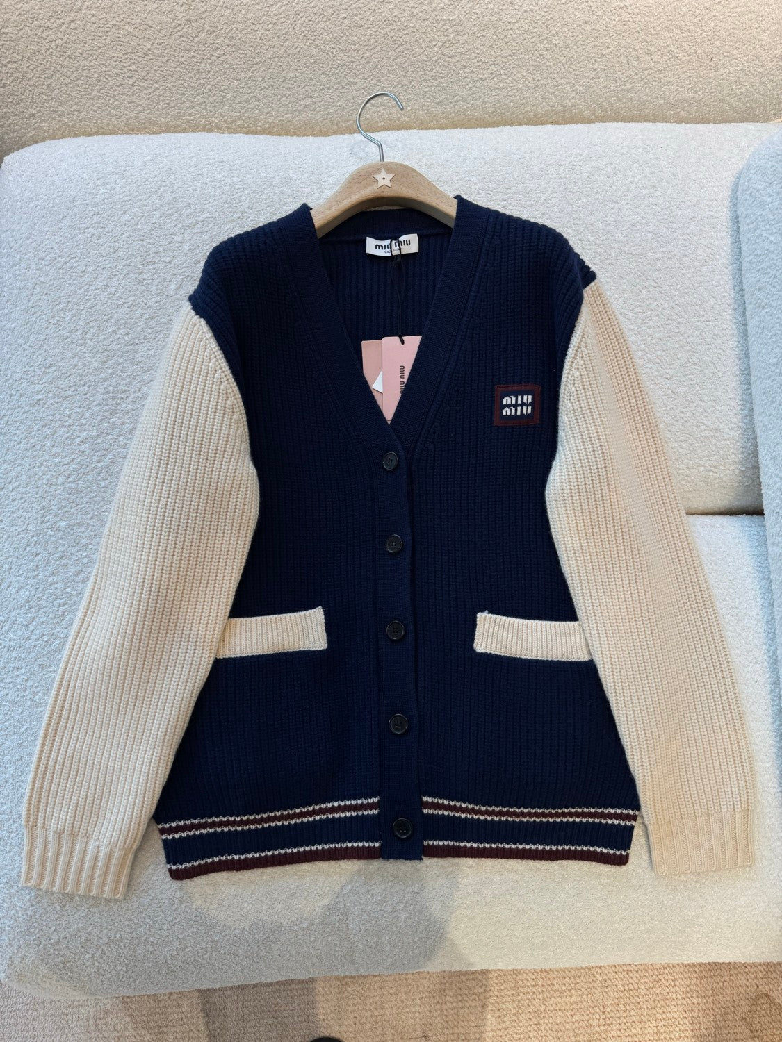 MiuMiu Women's Autumn And Winter Clashing Cashmere Cardigan Colorblocking Retro Knitted Single Breasted Jacket College Style Fashion Exquisite Jacket #81642