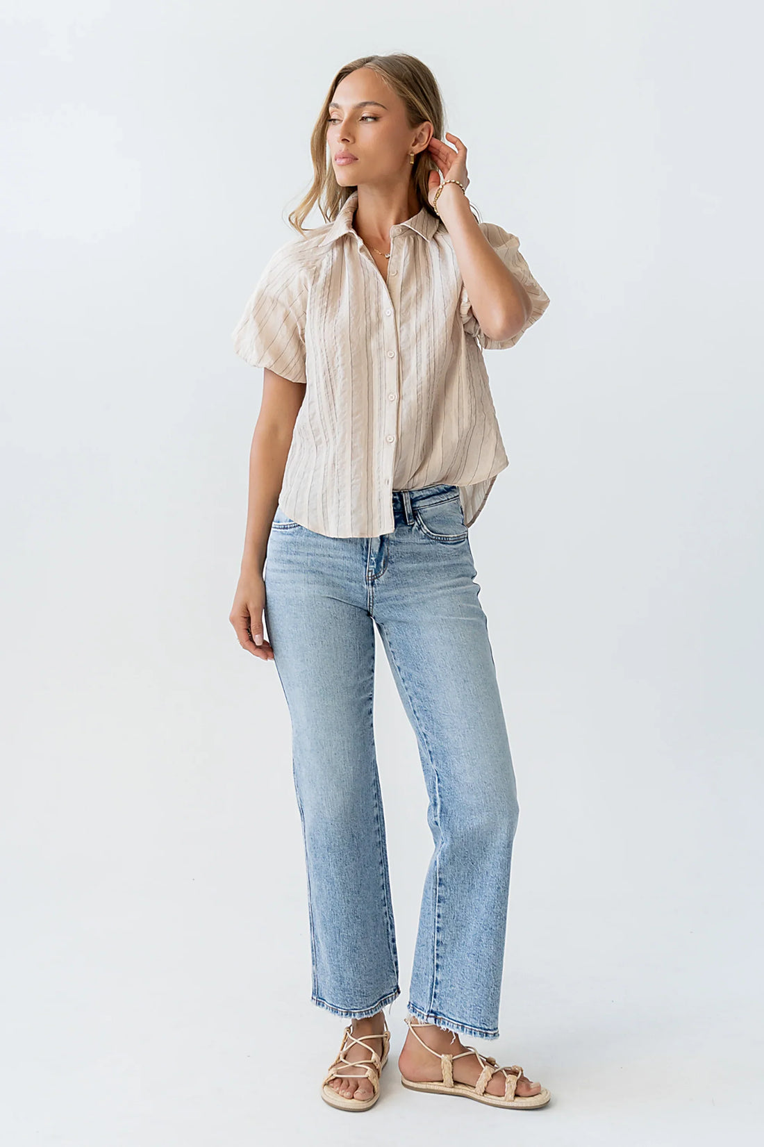 London Striped Button Up in Peach