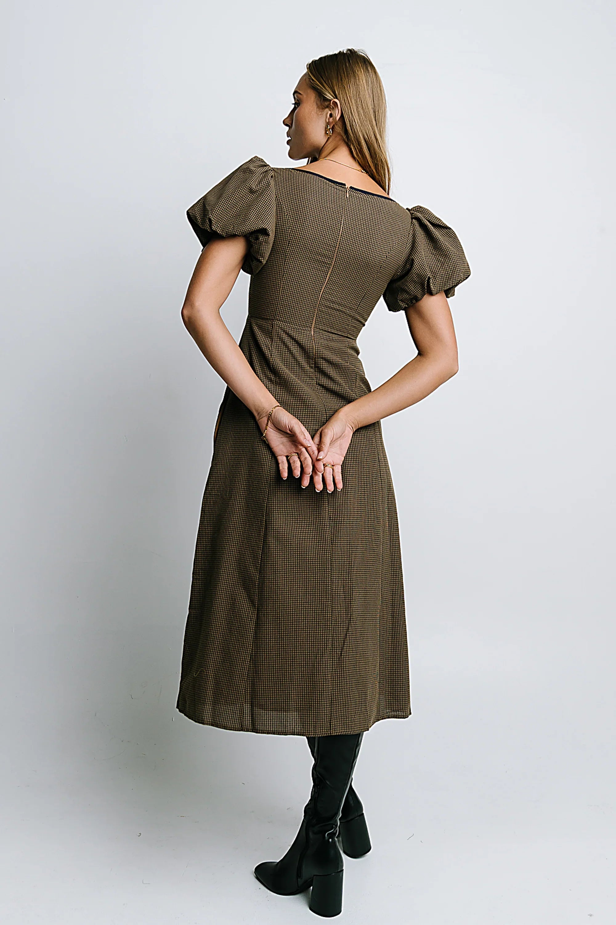 Elle Gingham Midi Dress in Brown