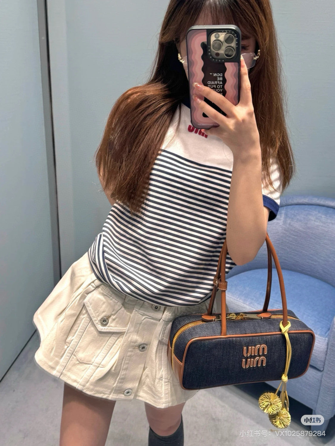MiuMiu Women's Spring/Summer Navy Collar Single-Button Cotton Long-Sleeve Denim Jacket Solid-Color Casual Short Skirt #81546