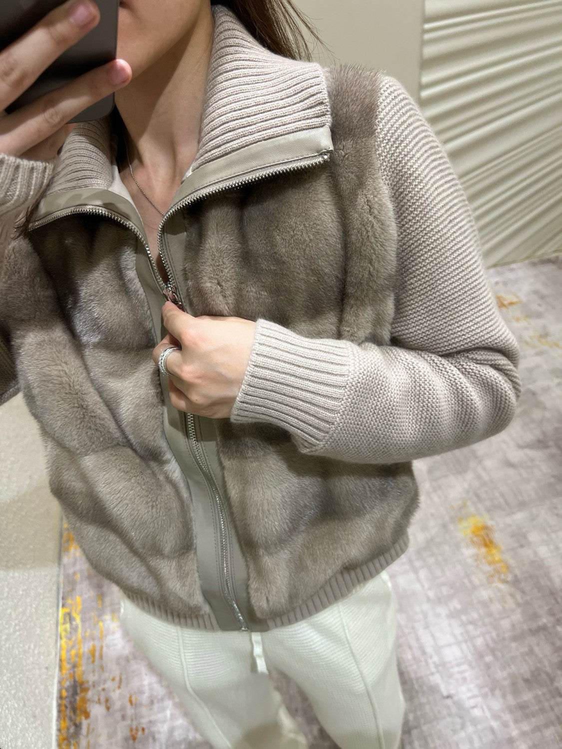 Loro Piana Women's Fall/Winter Mink-Collar Cashmere Solid-Color Zipper Long-Sleeve Knit Puffer Down Jacket #81738
