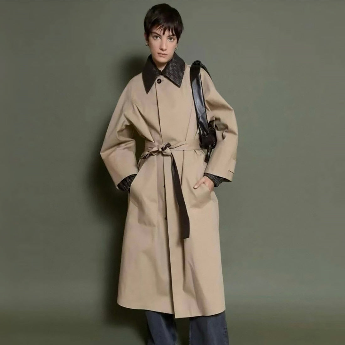 Bottega Veneta Women's Knitted Collar Solid Color Double-Breasted Spring/Fall Lapel Tie-Front Trench Coat Ngvp #2515
