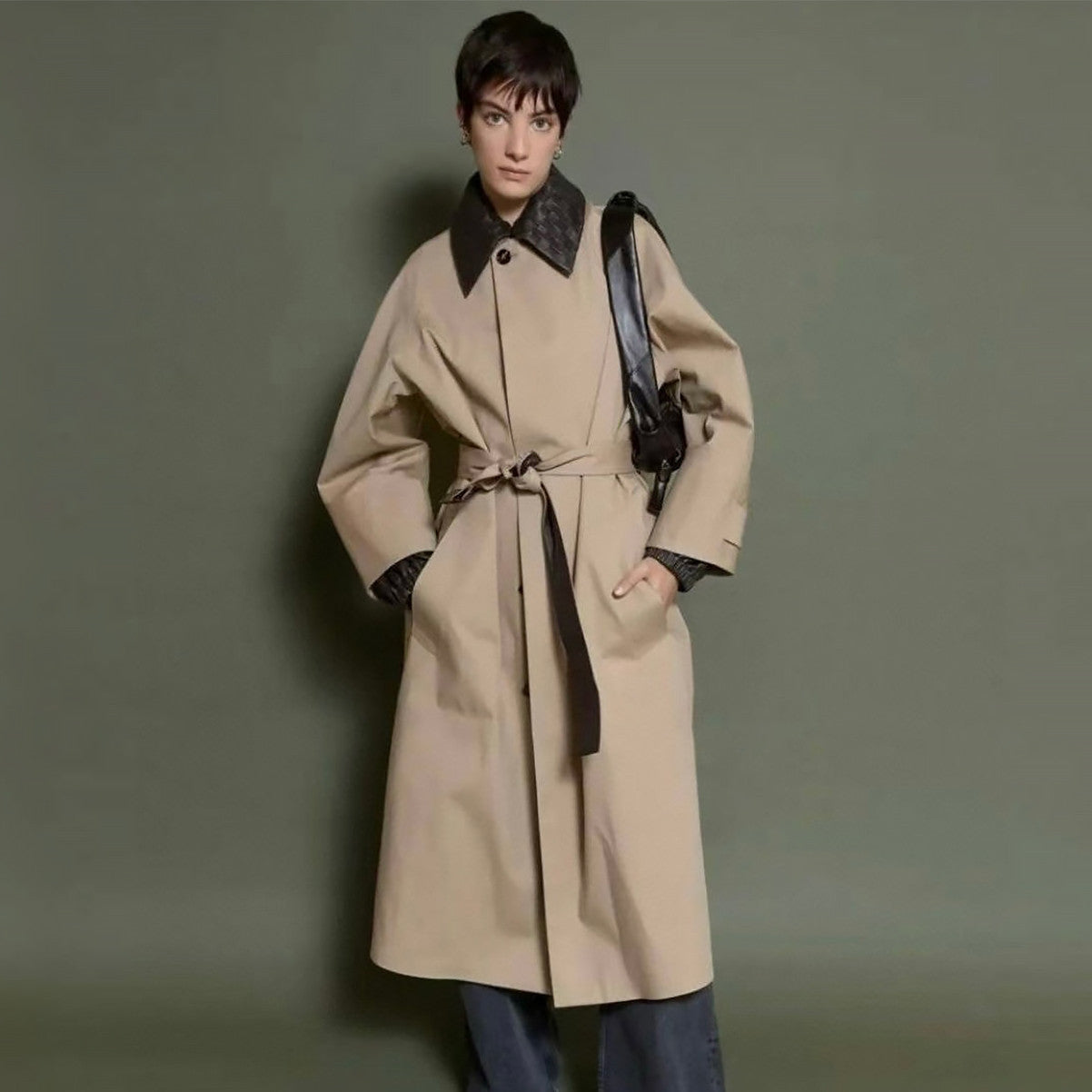 Bottega Veneta Women's Knitted Collar Solid Color Double-Breasted Spring/Fall Lapel Tie-Front Trench Coat Ngvp #2515