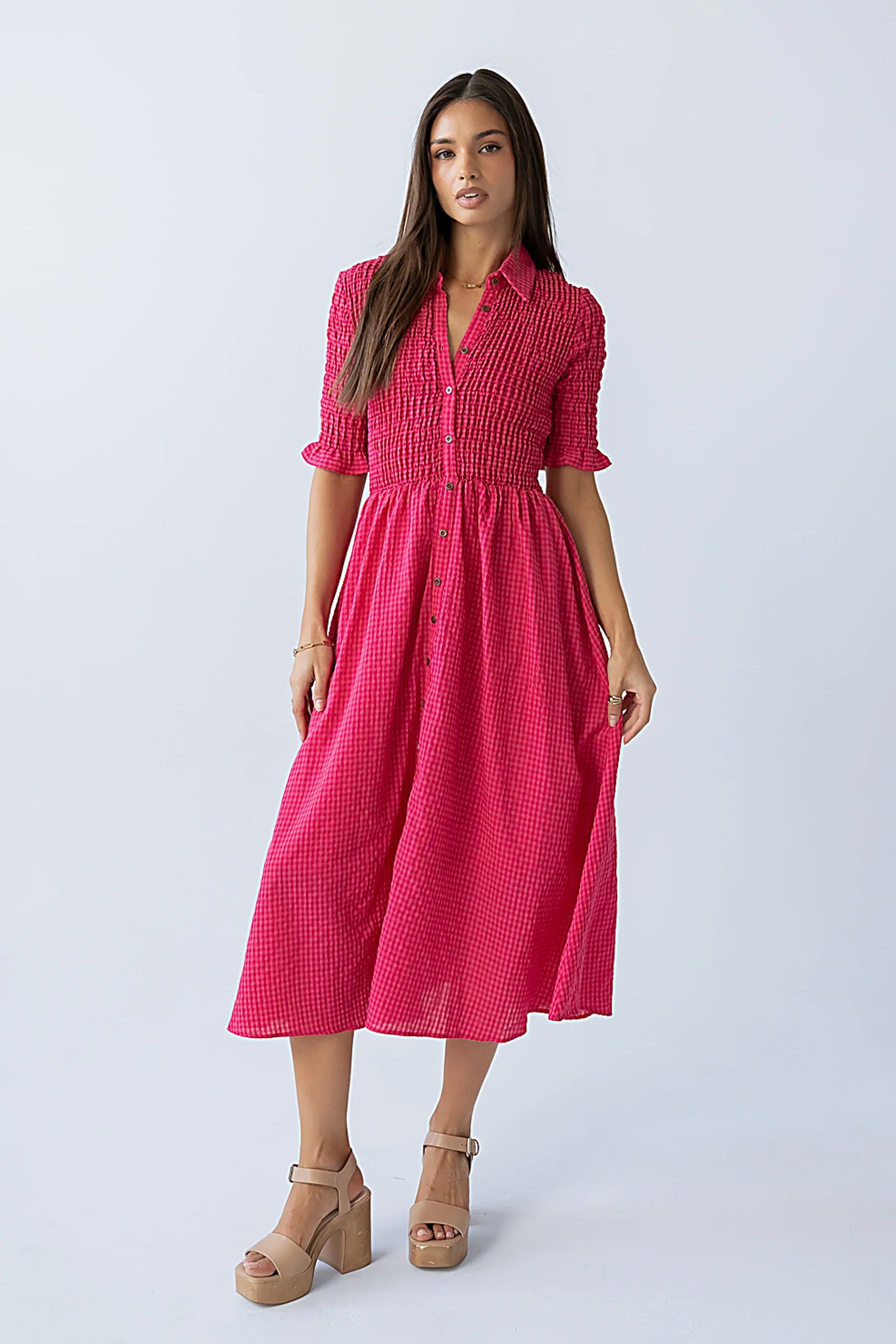 Jonas Gingham Midi Dress in Pink