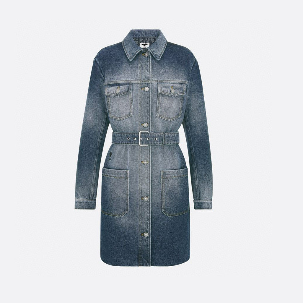 Dior Women's Spring/Fall Fashion Casual Midi Length Single Breasted Collar Print Belted Long-Sleeve Denim Skirt Dress #78947