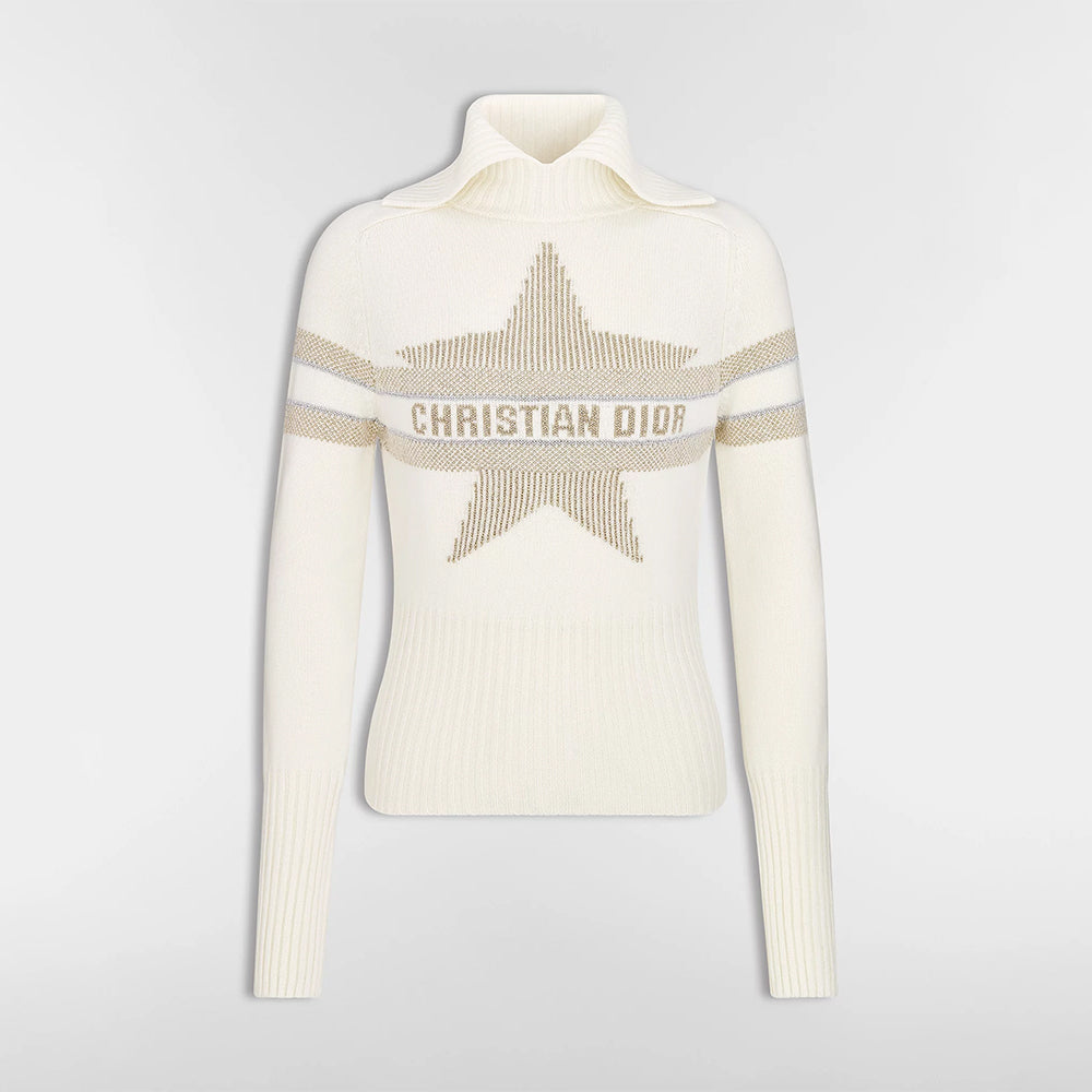 DIOR DiorAlps Mock Neck Sweater Ecru Virgin Wool Cashmere Blend Knit with Gold Tone Dior Star Motif #375804