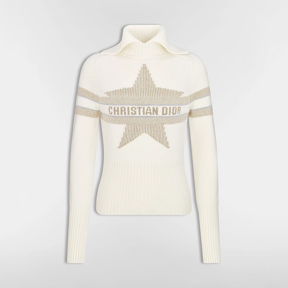 DIOR DiorAlps Mock Neck Sweater Ecru Virgin Wool Cashmere Blend Knit with Gold Tone Dior Star Motif #375804