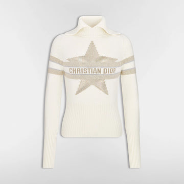DIOR DiorAlps Mock Neck Sweater Ecru Virgin Wool Cashmere Blend Knit with Gold Tone Dior Star Motif #375804