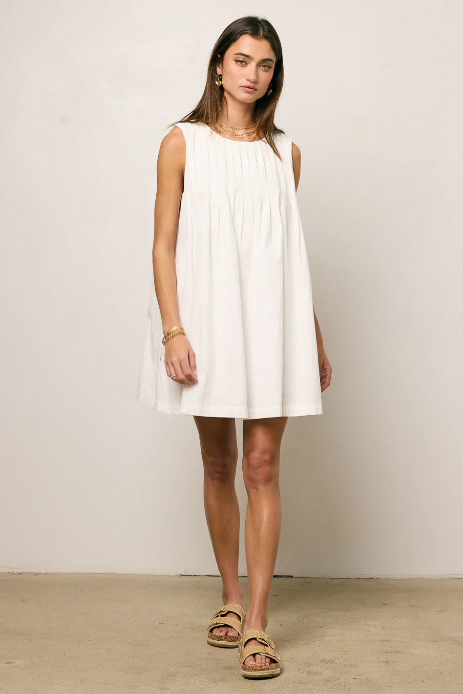 Arizona Pleated Babydoll Dress in White