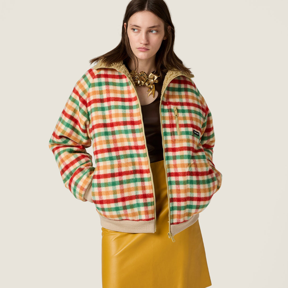 MiuMiu Women's Autumn And Winter Fleece Lined Plaid Color Blocked Zipper Lapel Long Sleeved Jacket  #81742