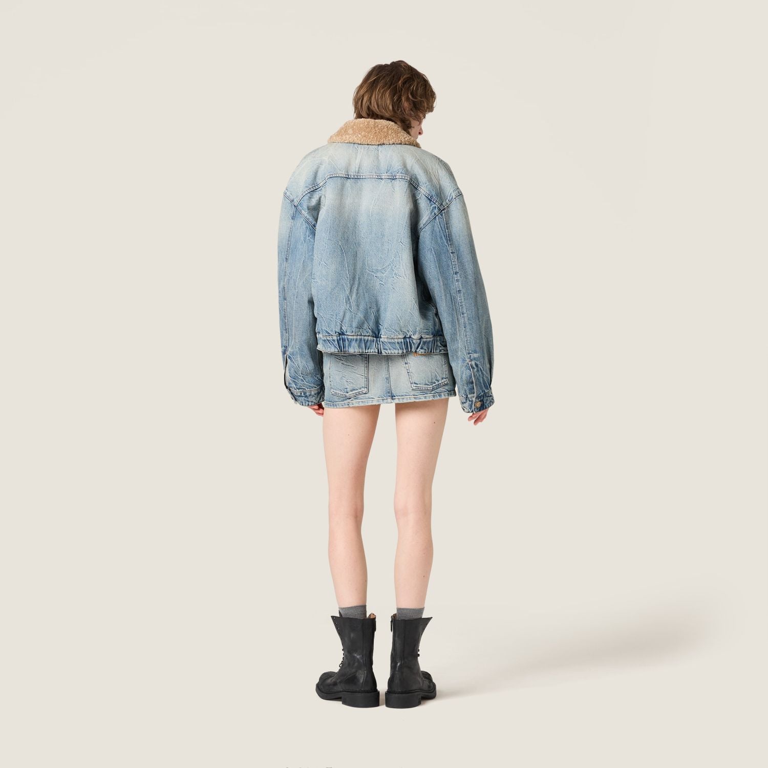 MiuMiu Denim and Wool Trucker Jacket Washed Embroidery Light Blue #332979