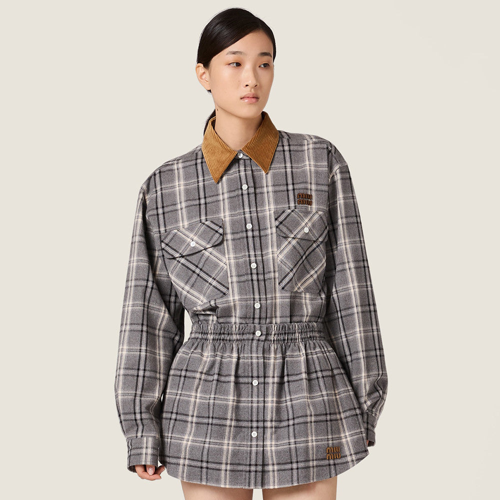 MiuMiu Slate Gray Checked Flannel Shirt Miniskirt #333609