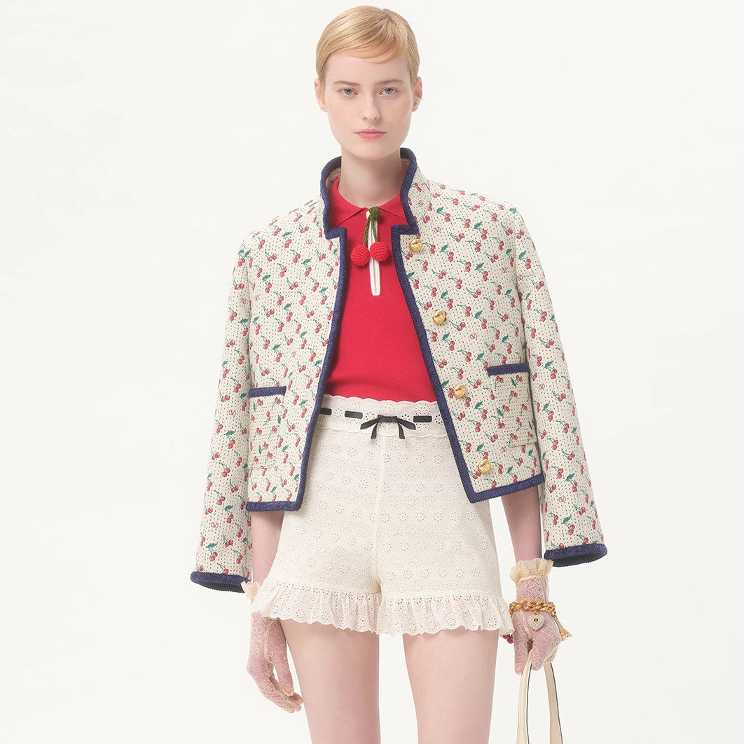 Valentino CHERRYFIC Women's Fall/Winter Fashion Casual Crew Neck Single Button Cherry Embroidery Jacquard Lined Short Jacket #79124