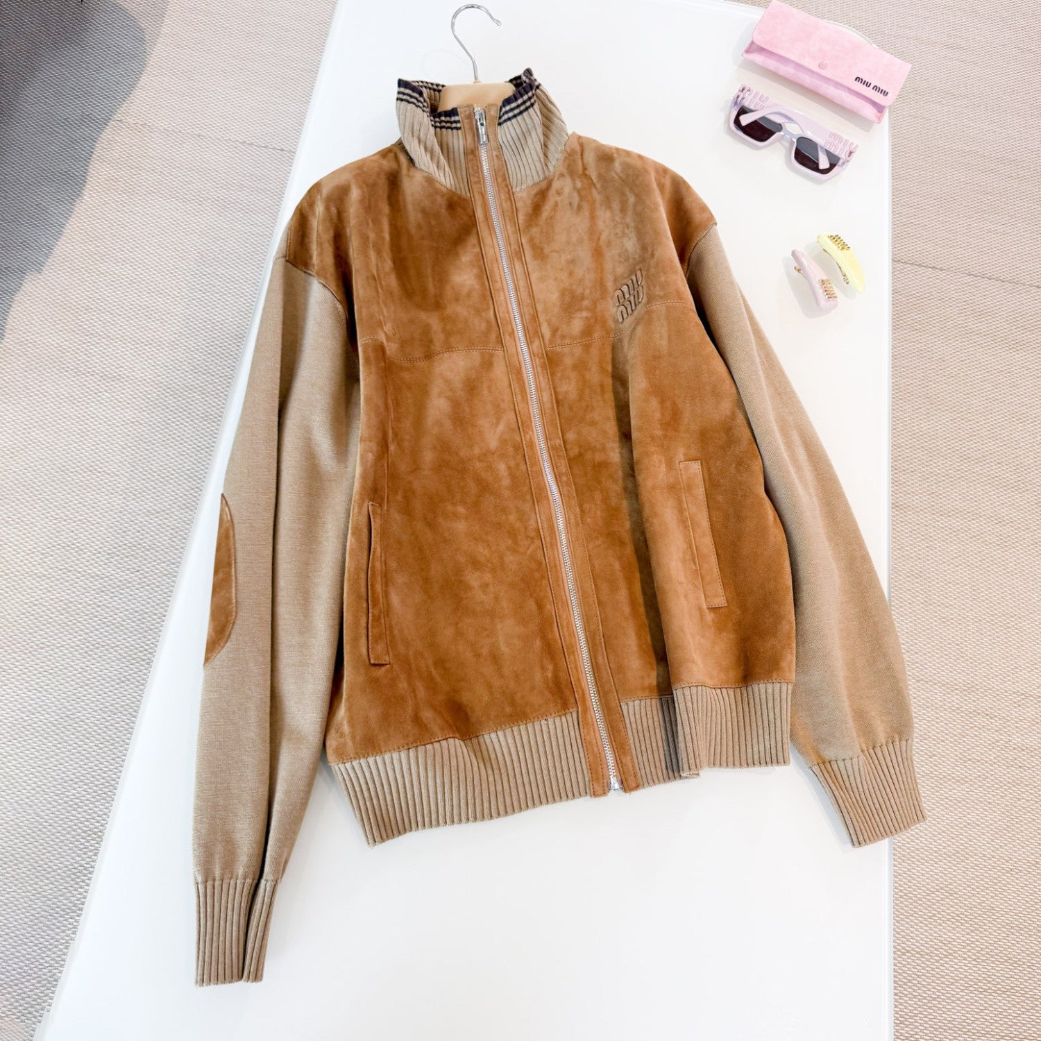 MiuMiu Men's And Women's Fall/winter Fashion Casual Color Block Collared Zipper Suede Badge Knit Jacket #79195