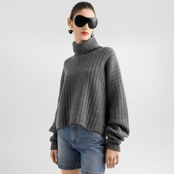 Dolce&Gabbana Women's Autumn And Winter Gray High Neck Pullover Vertical Stripe Long Sleeve Short Warm Knitted Pullover Sweater Ngvp #2613