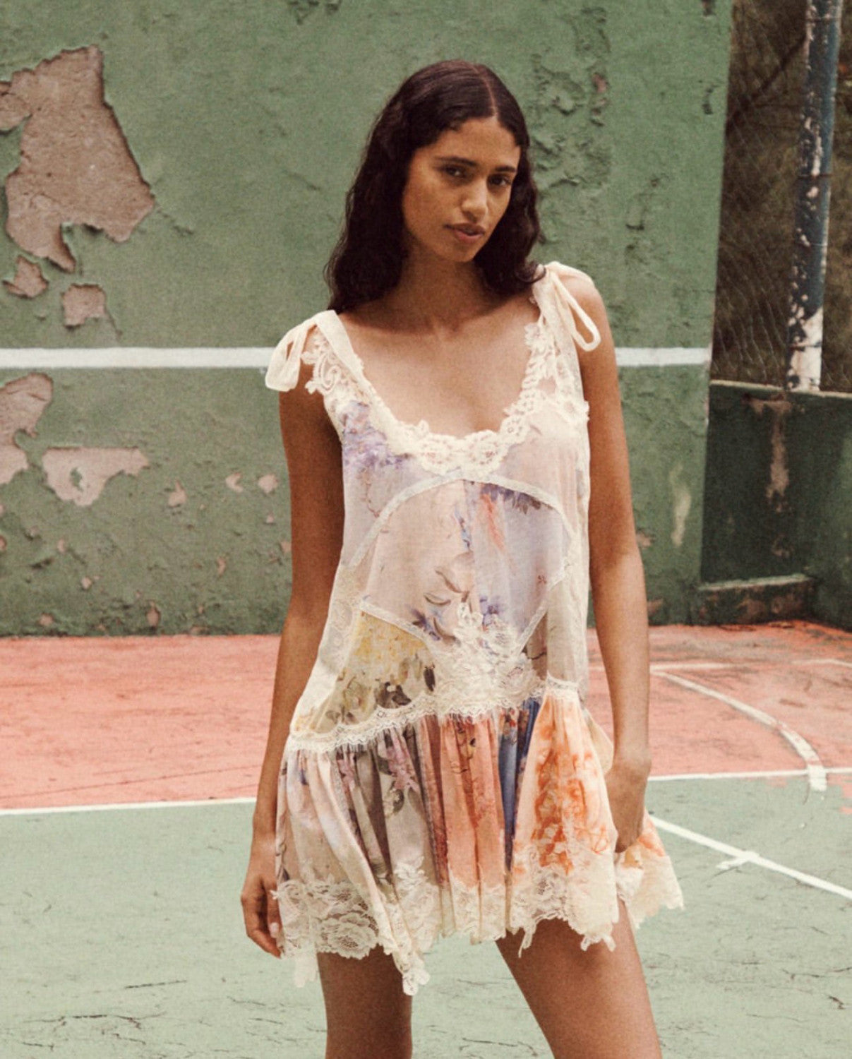 Zimmermann Women's Cascadian Lace Embroidered Contrast Color Patchwork Print V-Neck Summer Sleeveless Mini Dress #81568