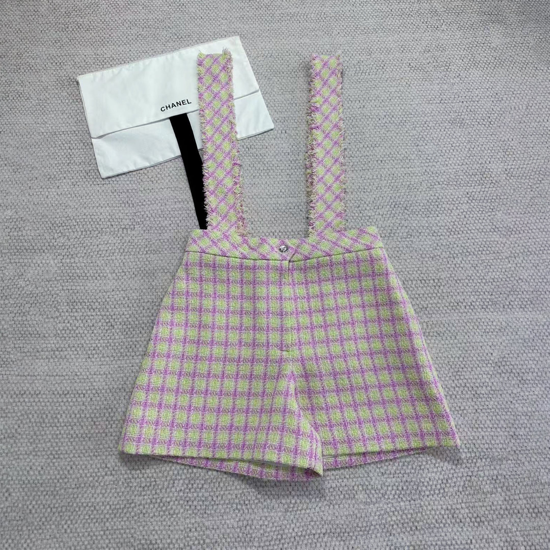 Chanel Women's Summer High-Street Striped Color-Blocked Casual Suspender Pants Cotton Tweed Shorts Ngvp #2359