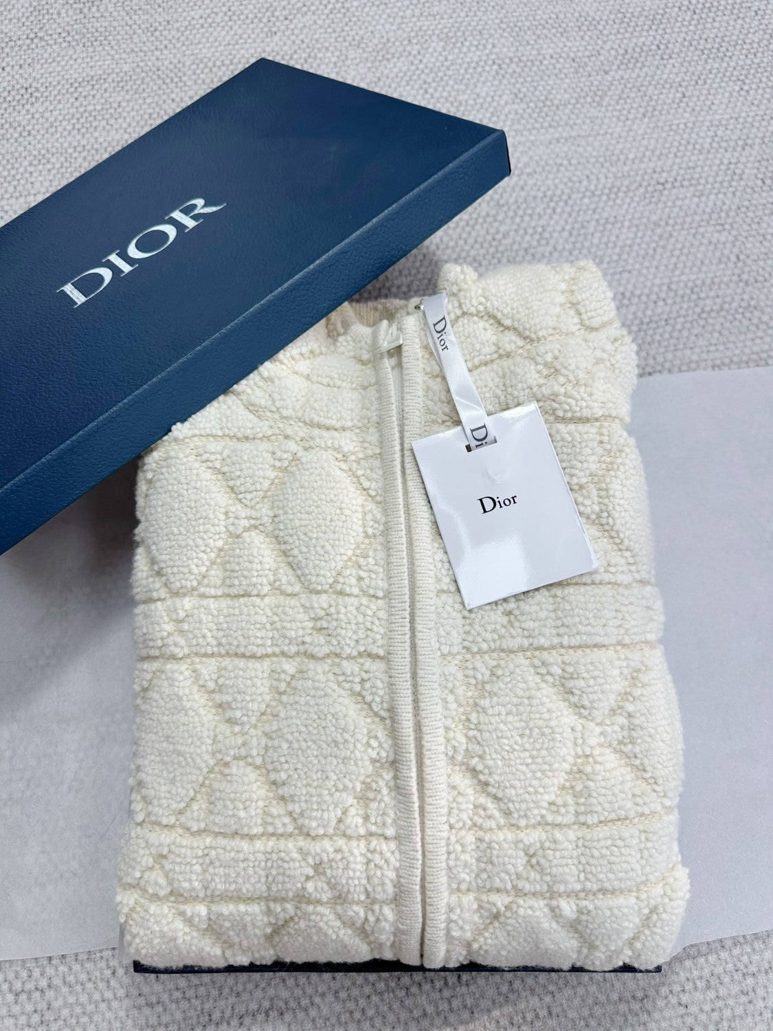DiorZip Hooded Cardigan White Sheep Wool Blend Textured Knit Cannage #332748