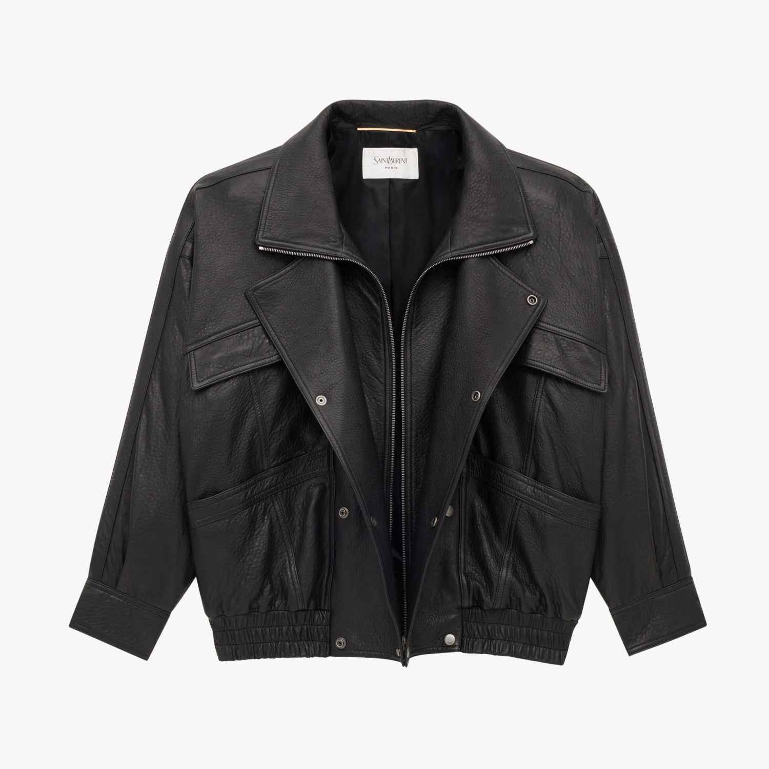 Saint Laurent Women's Bubbled Lambskin Bomber Jacket Spring/Fall Stand Collar Zipper Pilot Jacket Solid Color Motorcycle Leather Jacket Ngvp #2714