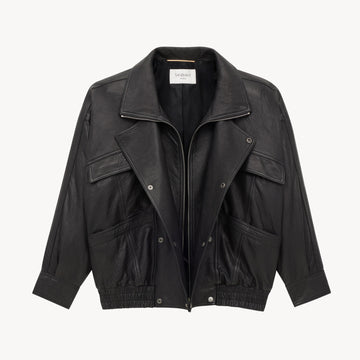 Saint Laurent Women's Bubbled Lambskin Bomber Jacket Spring/Fall Stand Collar Zipper Pilot Jacket Solid Color Motorcycle Leather Jacket Ngvp #2714