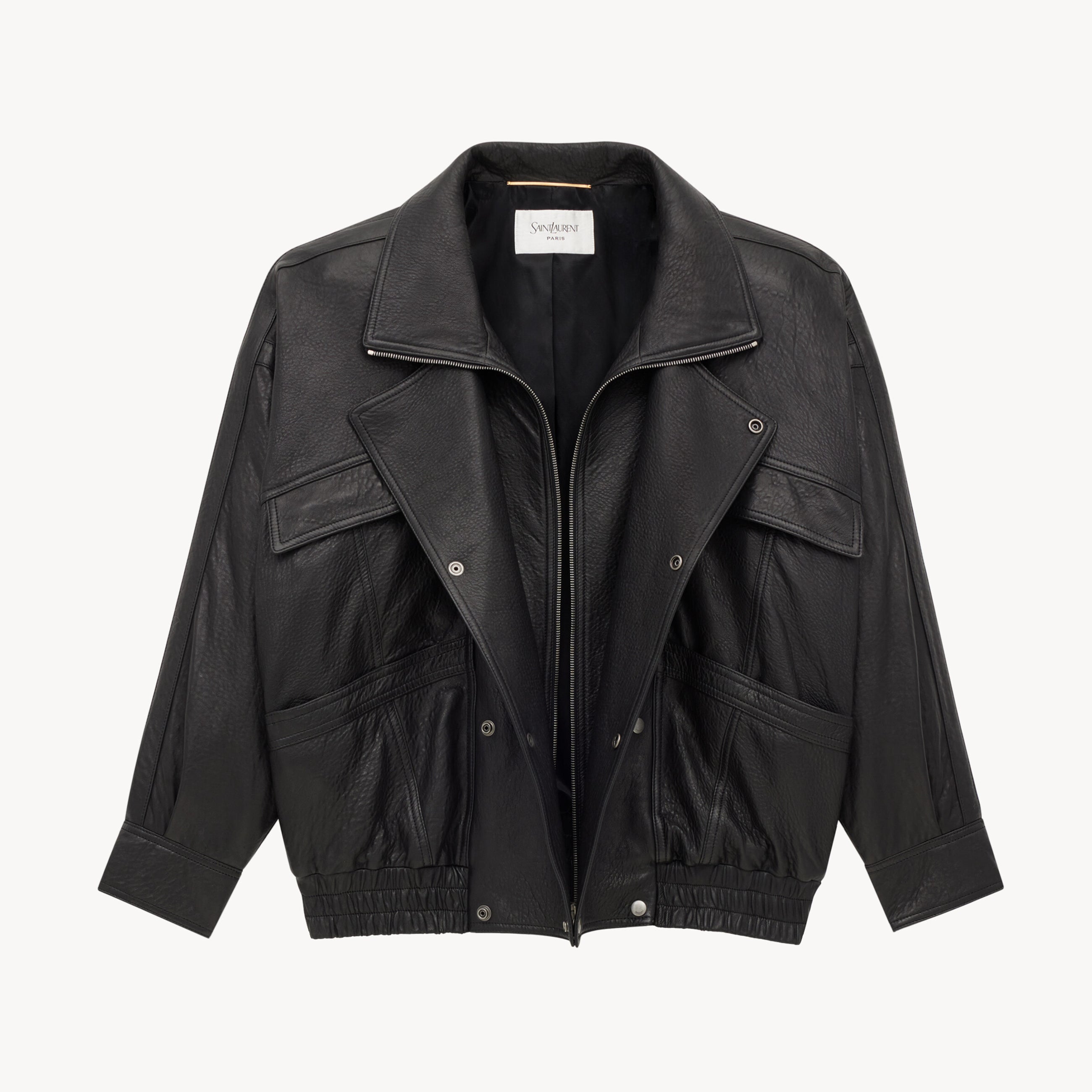 Saint Laurent Women's Bubbled Lambskin Bomber Jacket Spring/Fall Stand Collar Zipper Pilot Jacket Solid Color Motorcycle Leather Jacket Ngvp #2714