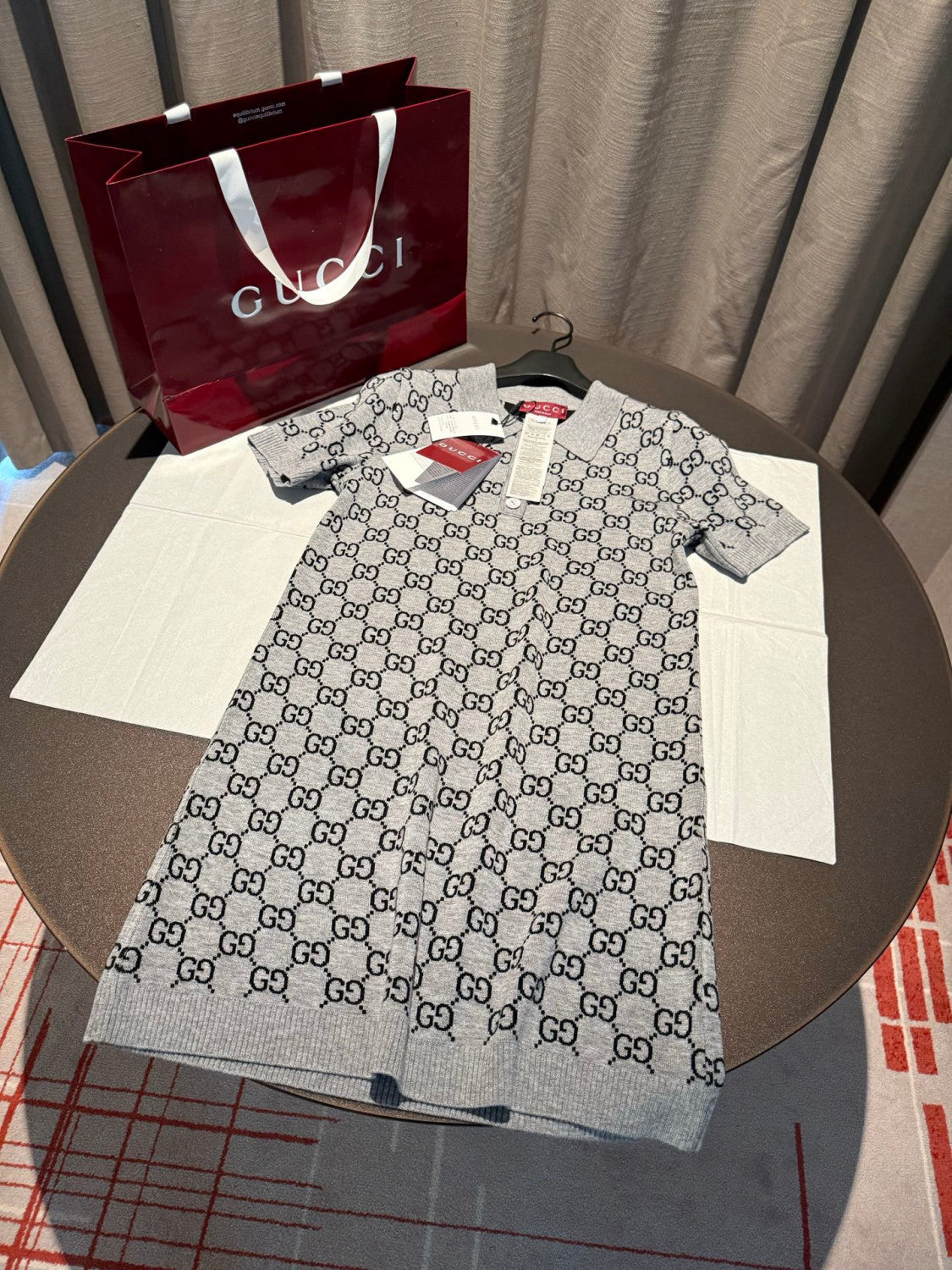 Gucci GG Wool Jacquard Polo Dress Grey Black #334214