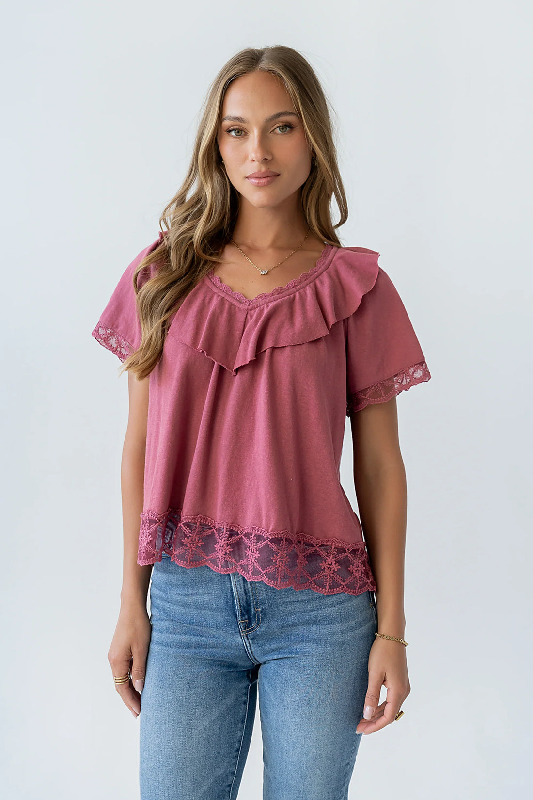 Lilian Lace Trim Top in Berry