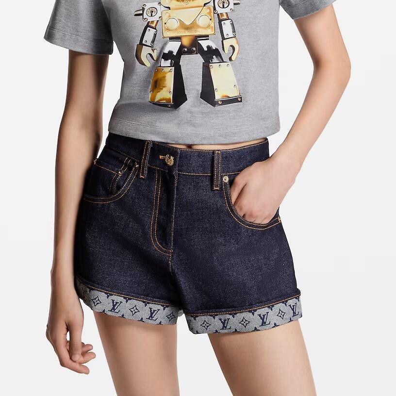 Louis Vuitton Women's Summer Solid Color Turn-Up Mini Pocket Denim Shorts #77818