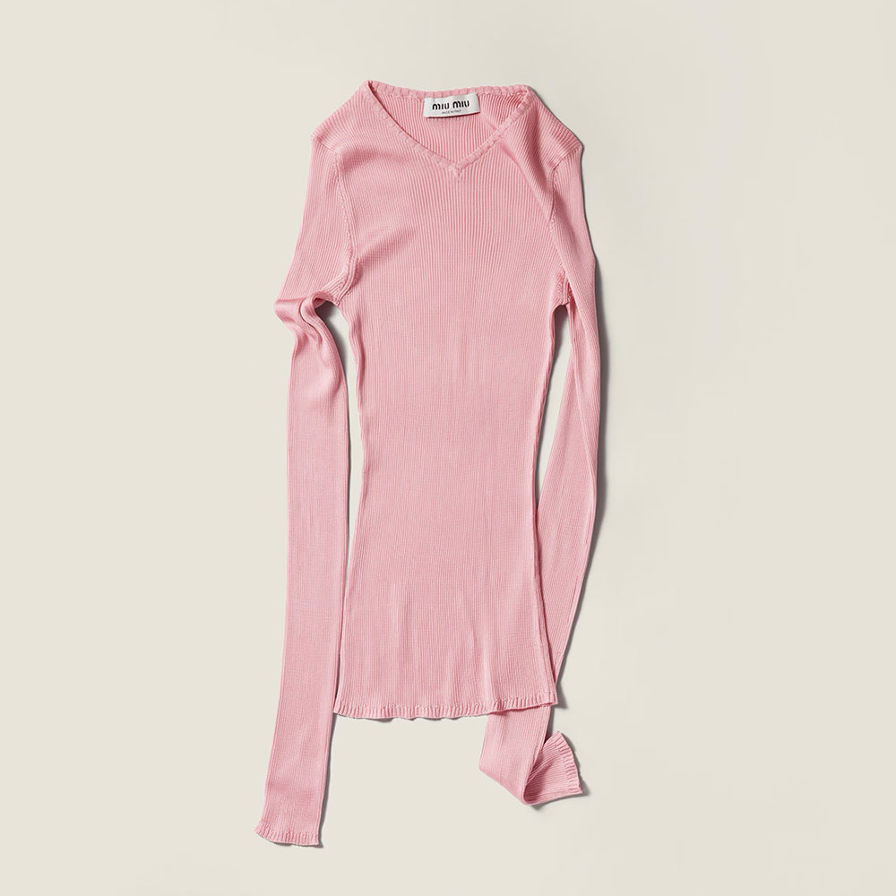 MiuMiu Begonia Pink Silk V-neck Sweater #335966