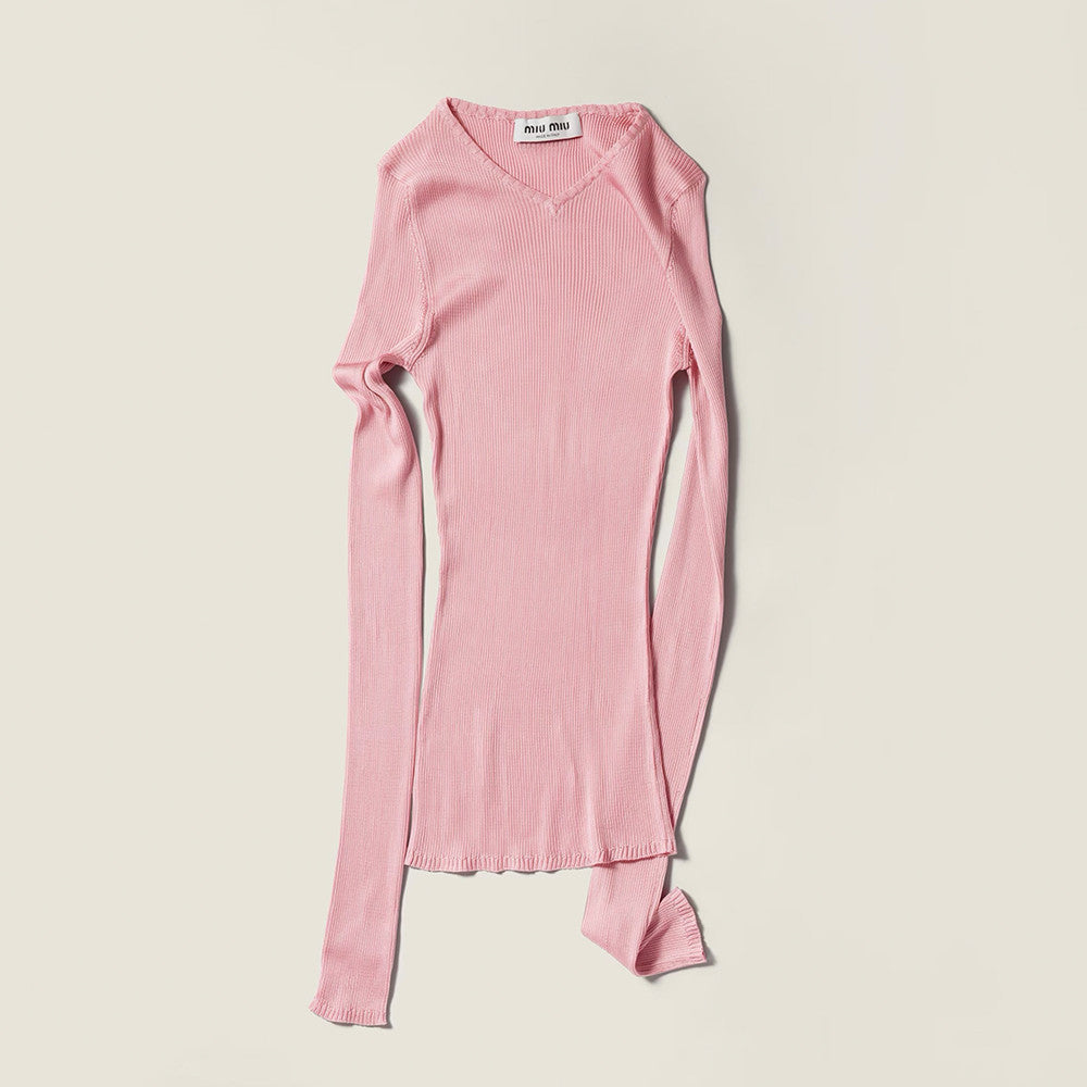MiuMiu Begonia Pink Silk V-neck Sweater #335966