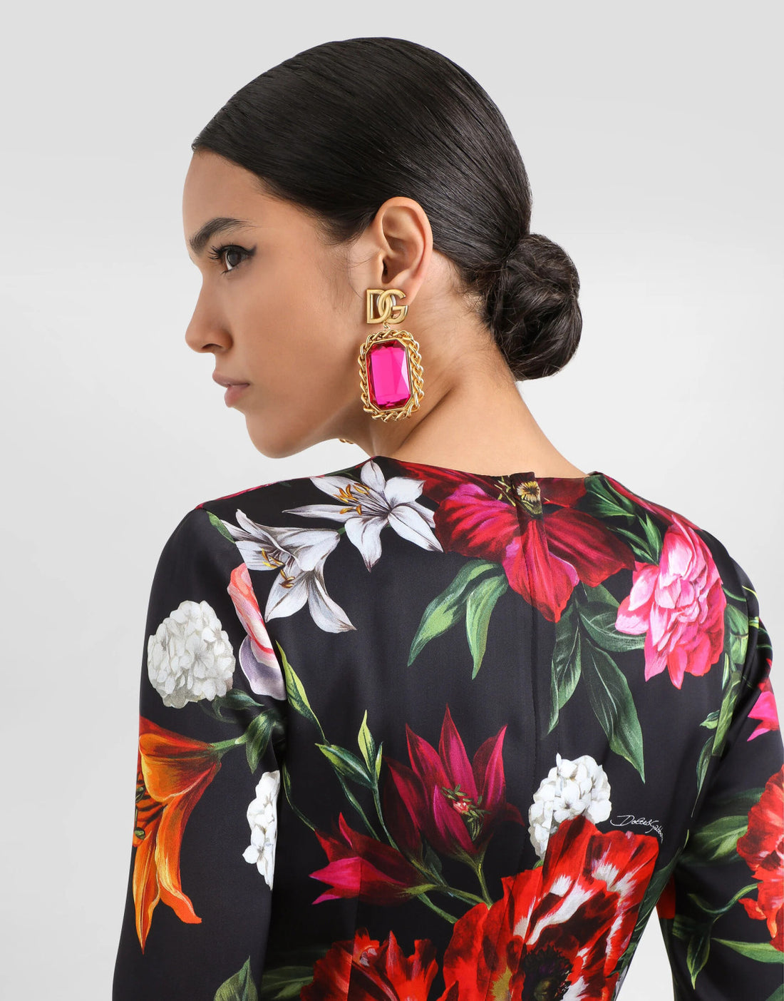 Dolce&Gabbana Women's Summer Floral Print Fitted Satin Long-Sleeve Crew Neck Dress Ngvp #2375