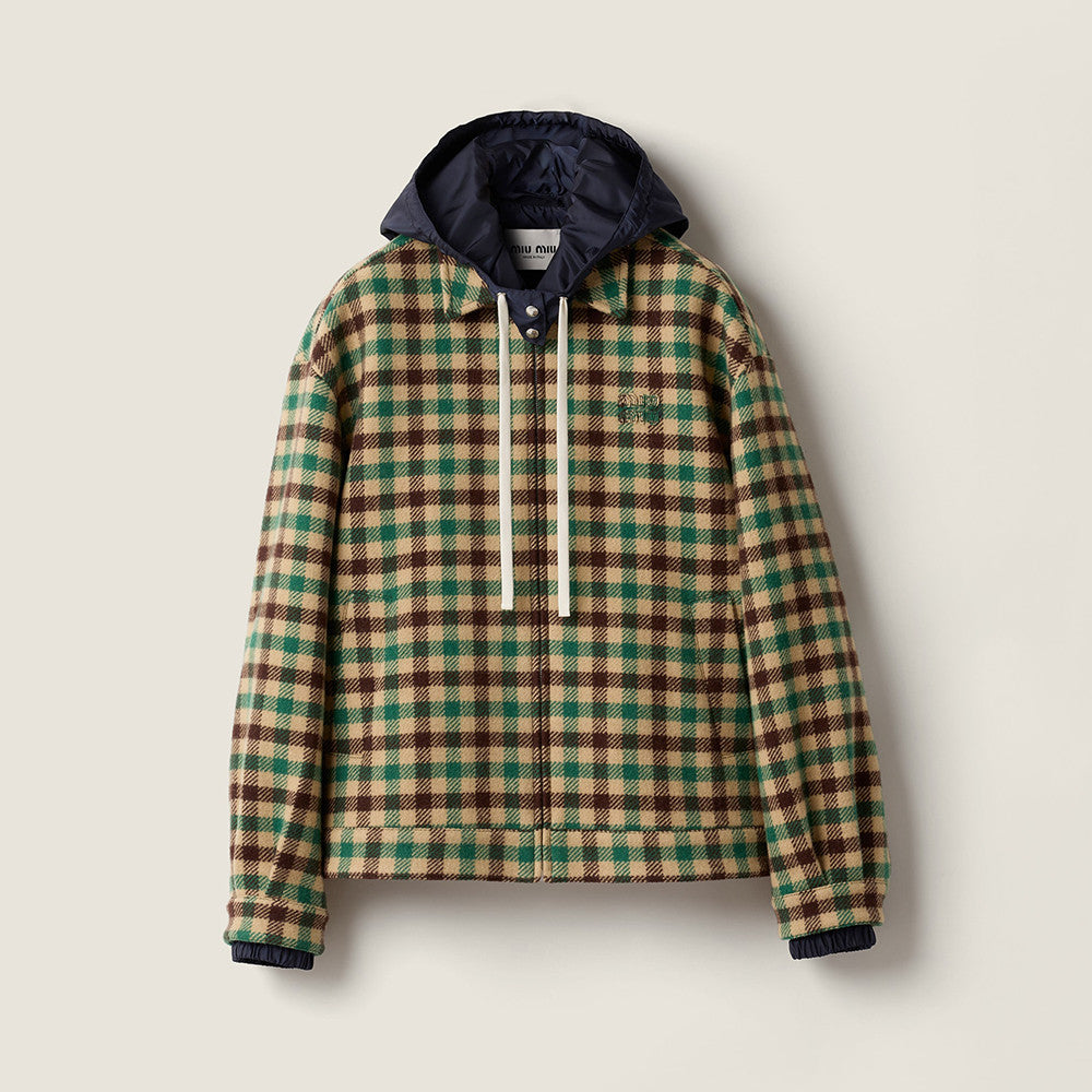 MiuMiu Women's Fall/Winter Lettering Eembroidered Logo Hood Zip Camel Green Navy Check and Technical Jacket #332611