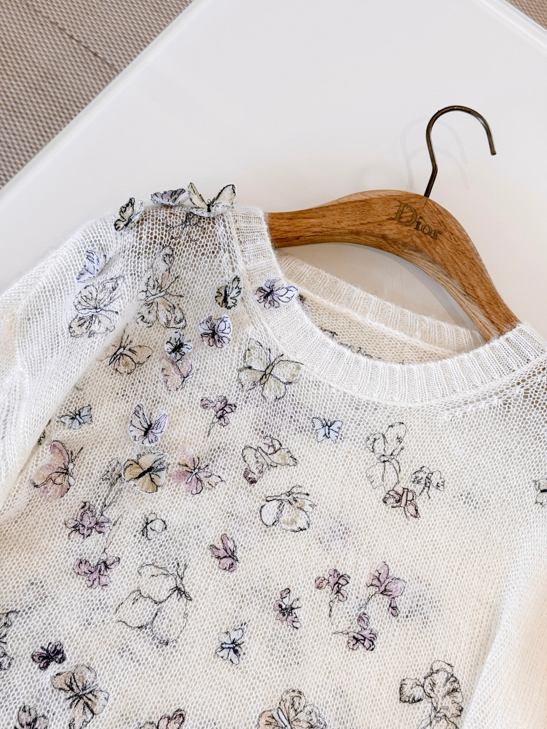 DIOR Embroidered Sweater White Alpaca Cashmere and Silk Knit with Multicolor Butterflies Iris Motif #335853