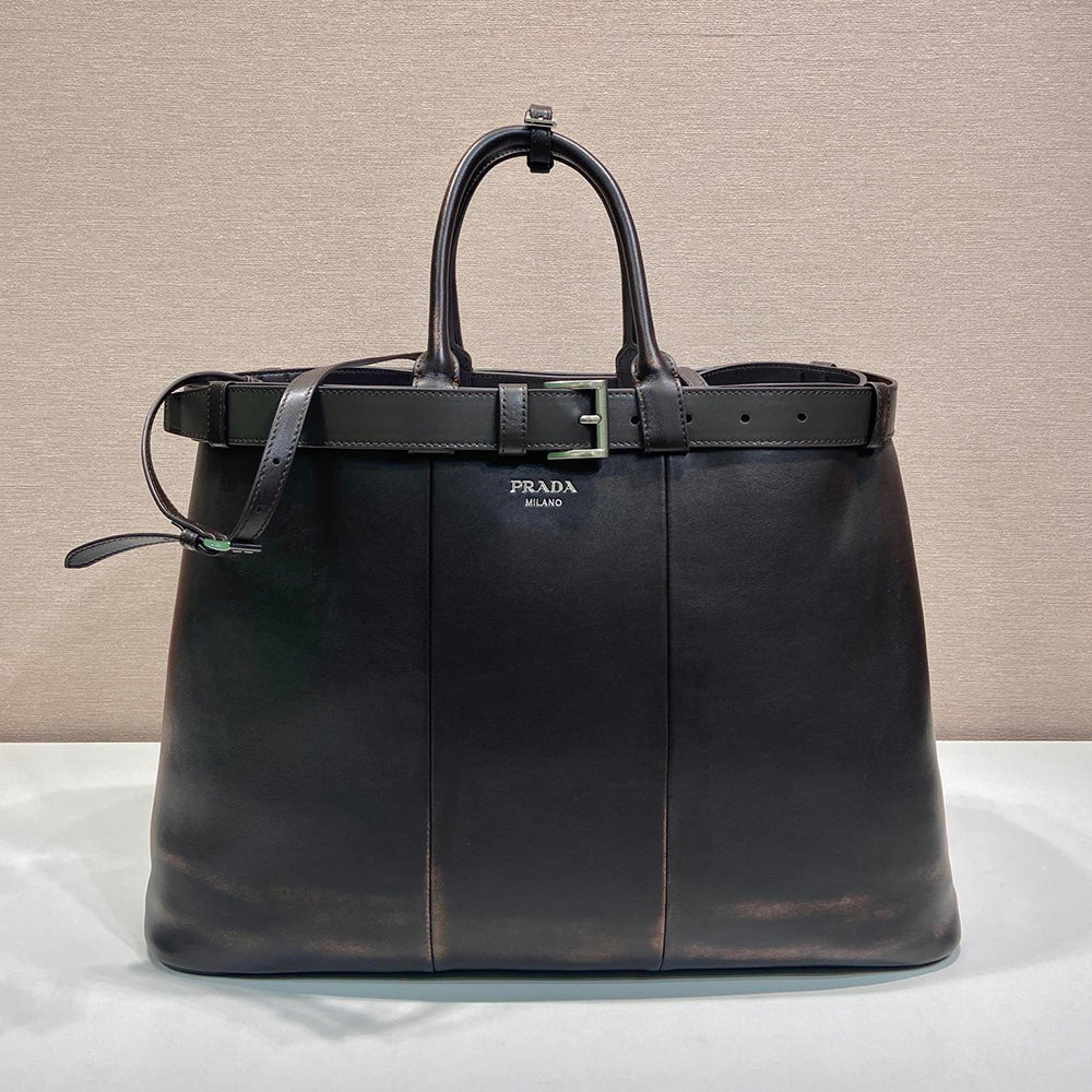 PRADA Black Prada Buckle Leather Bag With Belt #334235