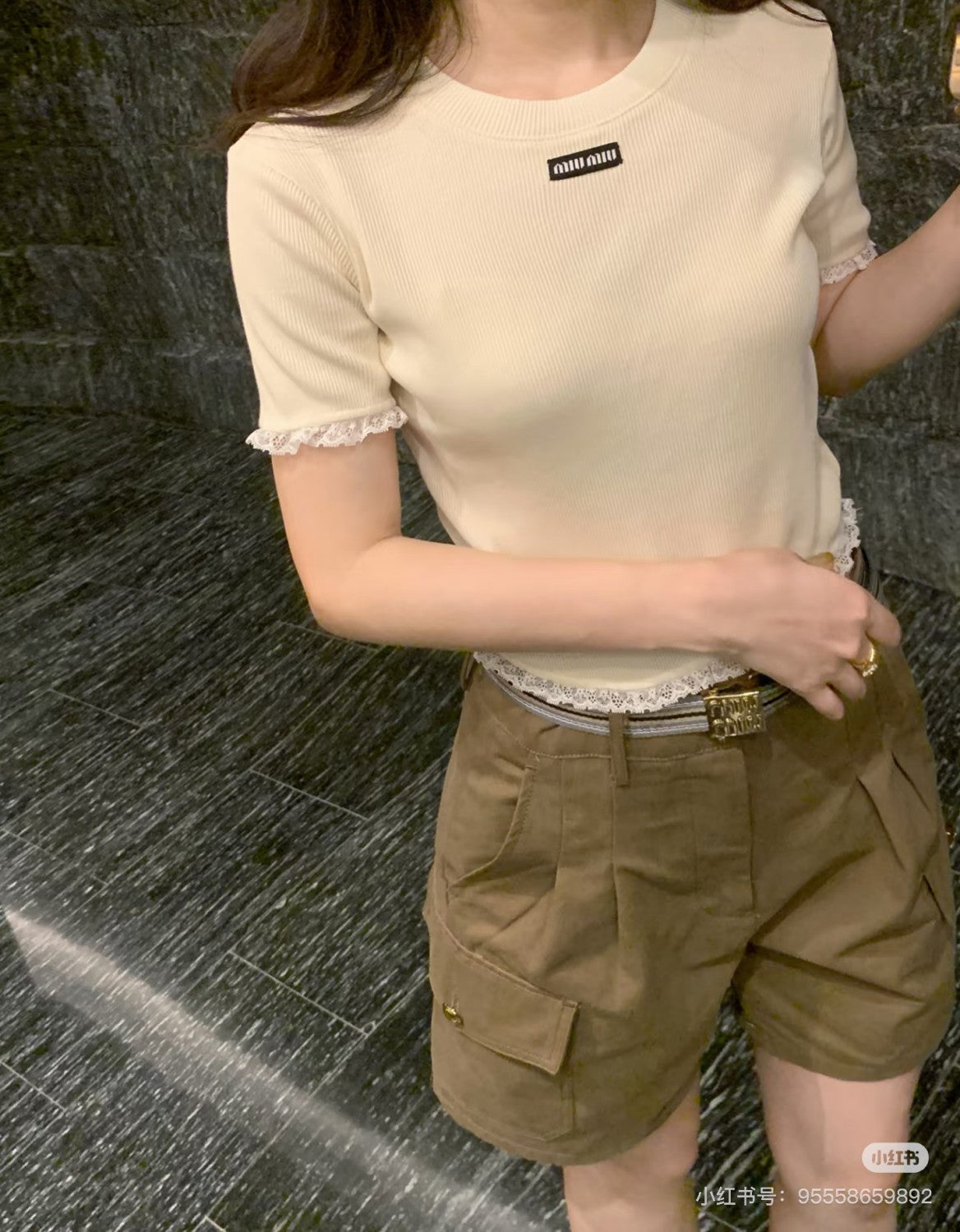 MiuMiu Lace White Knitted T-shirt Women's Spring And Summer Fashionable And Elegant Slim Patch Logo Round Neck Short-sleeved T-shirt Tops #81439