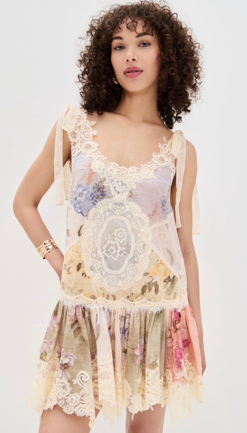 Zimmermann Women's Cascadian Lace Embroidered Contrast Color Patchwork Print V-Neck Summer Sleeveless Mini Dress #81568