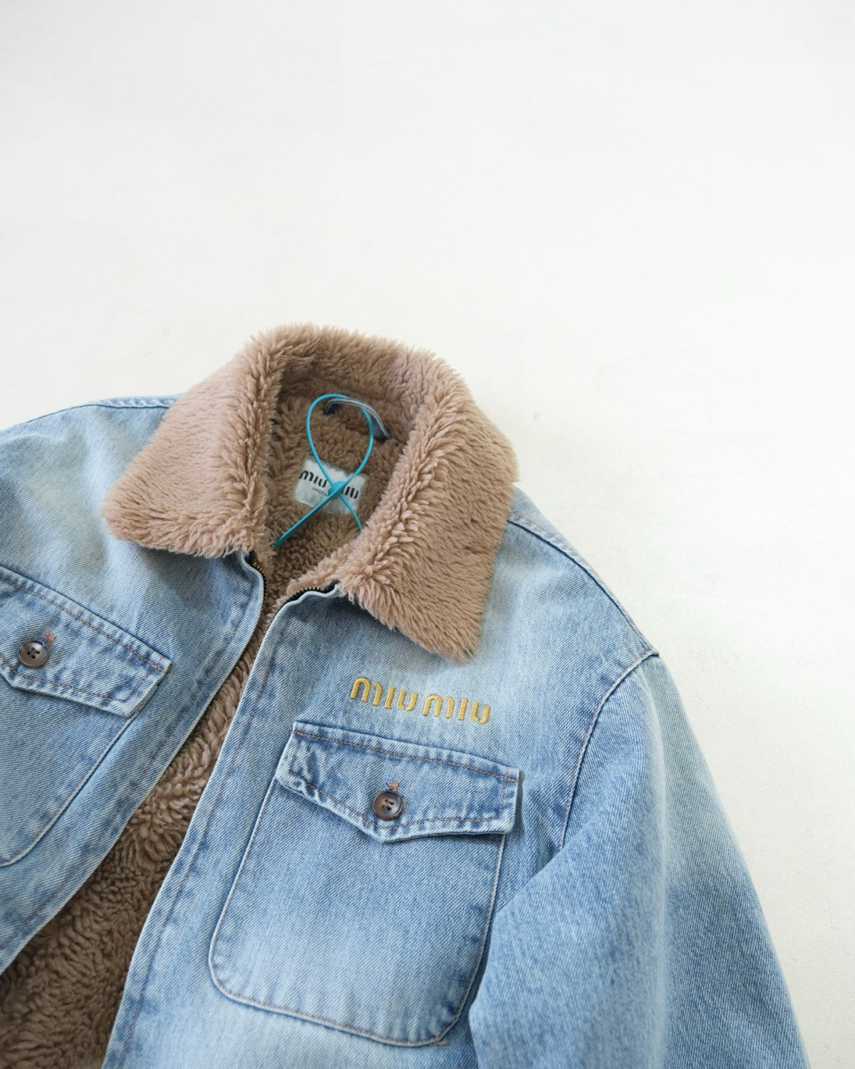 MiuMiu Denim and Wool Trucker Jacket Washed Embroidery Light Blue #332979