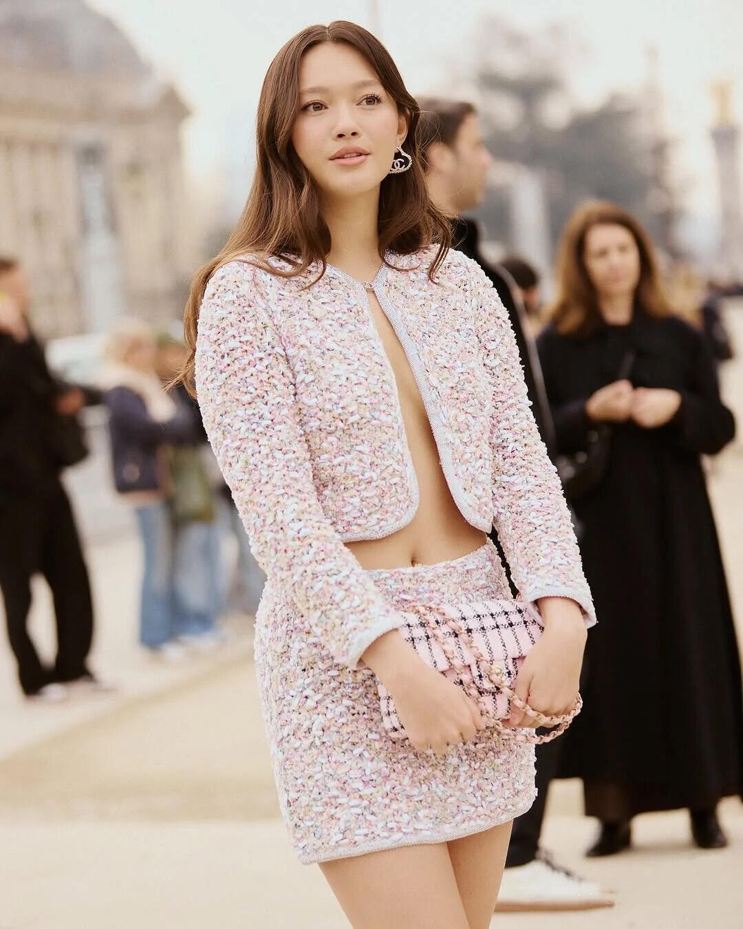Chanel Women's Spring/Autumn Round Neck Rhinestone Trim Color Block Long Sleeve Cardigan Jacket Casual Tweed Stretch Skirt Ngvp #2274