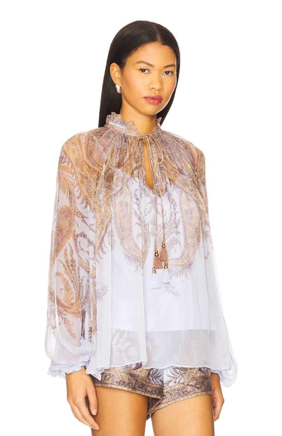 Zimmermann Women's Spring/Summer/Fall V-Neck Floral Print Loose-Fit Long-Sleeve Blouse Viscose Casual High-Waisted Shorts #81566