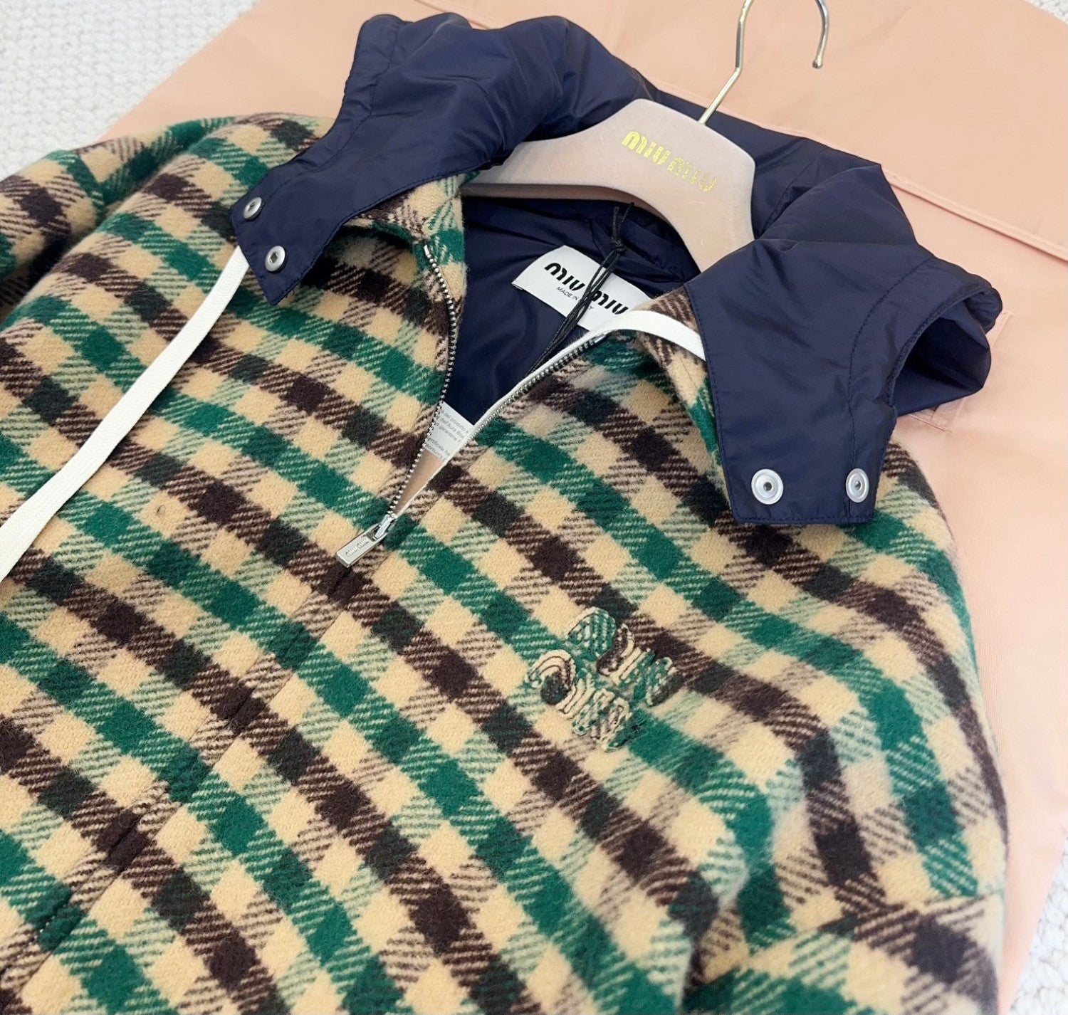 MiuMiu Women's Fall/Winter Lettering Eembroidered Logo Hood Zip Camel Green Navy Check and Technical Jacket #332611
