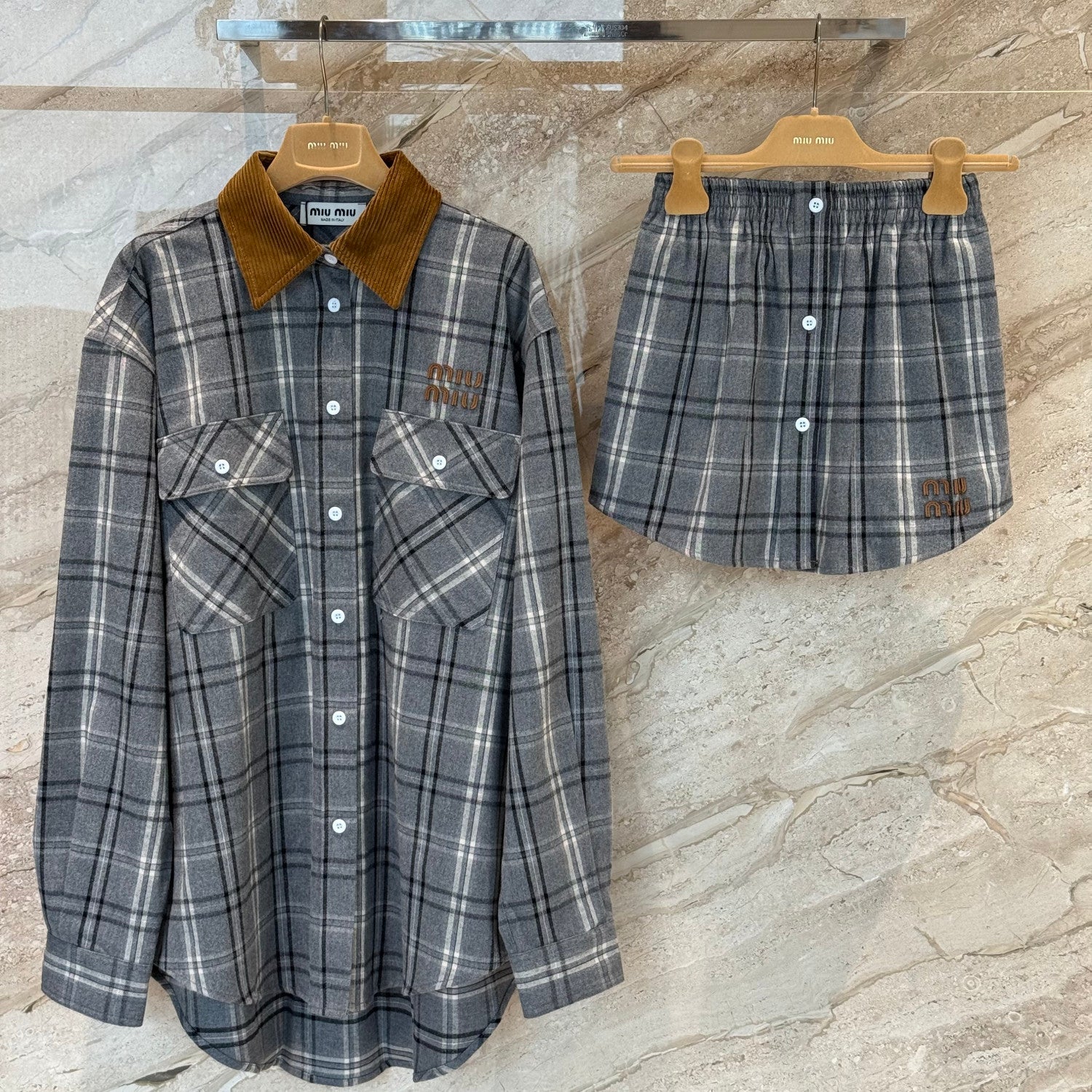 MiuMiu Slate Gray Checked Flannel Shirt Miniskirt #333609